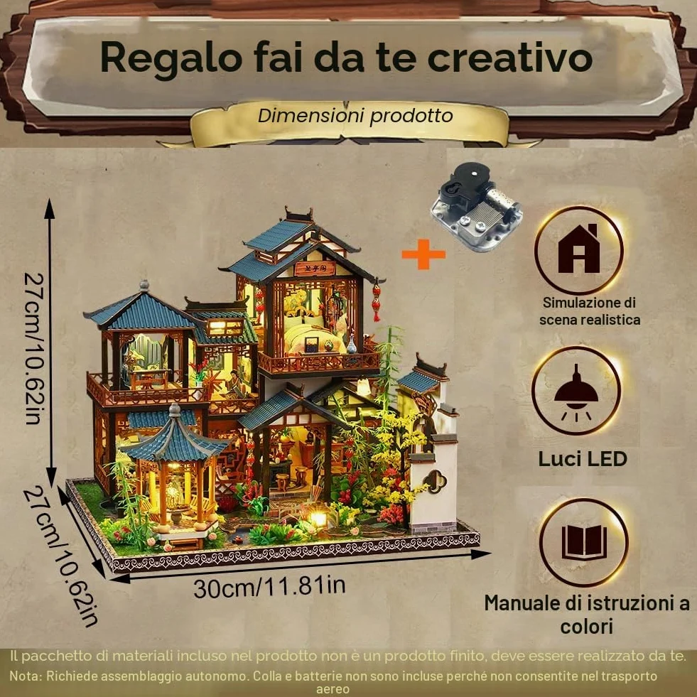 Kit per casa delle bambole montato in legno 3D fai da te in miniatura stile cinese palcoscenico edificio con musica creatività Halloween regalo di compleanno (senza copertura antipolvere)