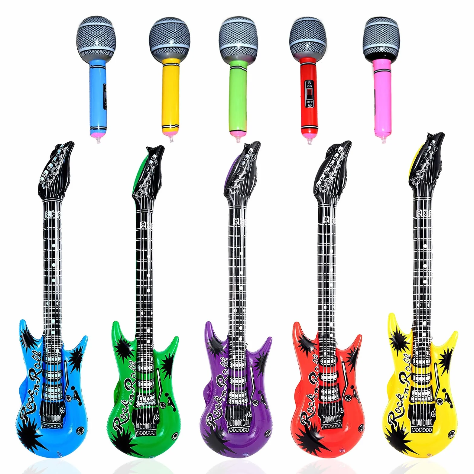 VIKSAUN 10 Pezzi Gonfiabili Rock Star Giocattolo Set 5 Chitarre 5 Microfoni Decorazione Feste Rock and Roll