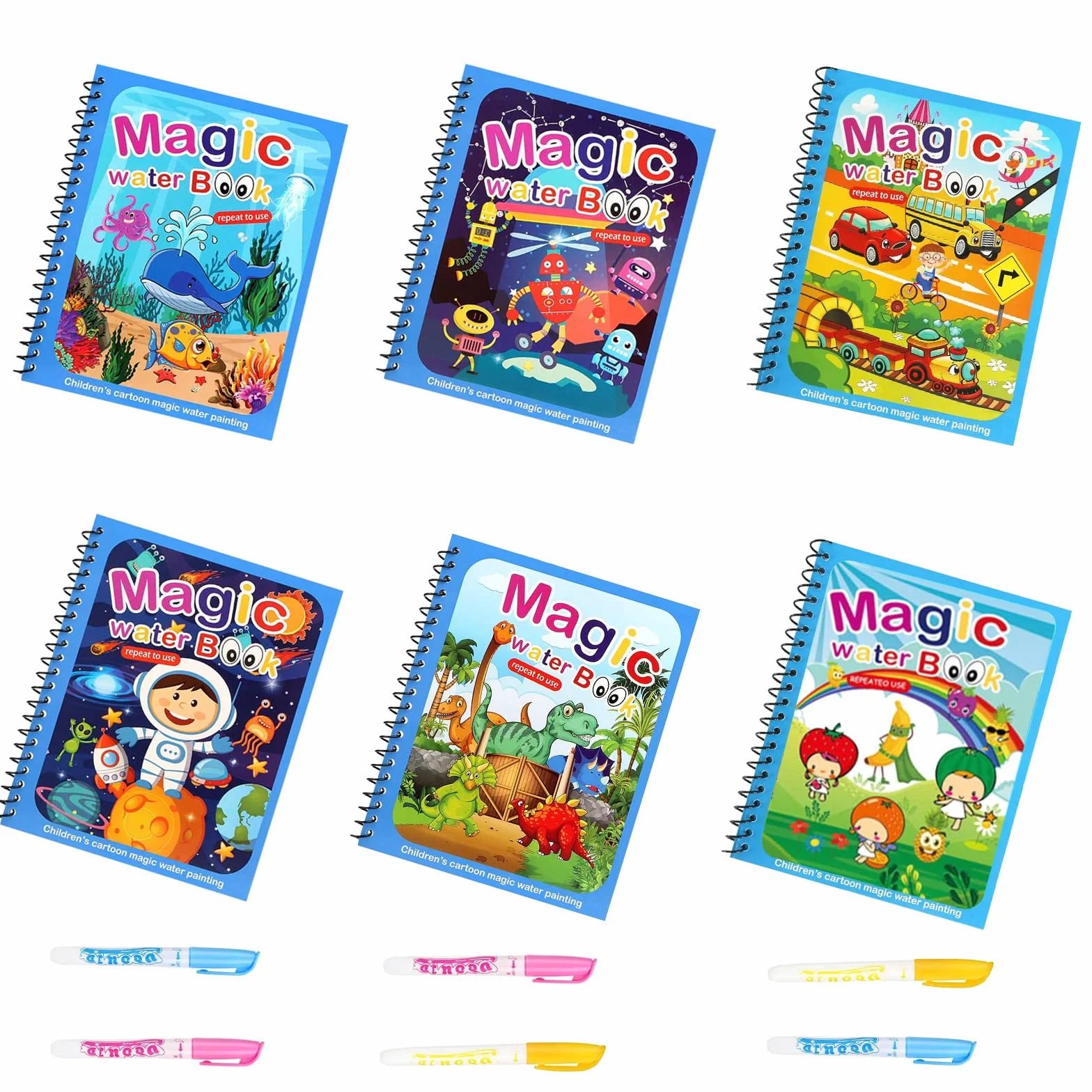 Libro Magico ad Acqua da Colorare 6 Pezzi, Water Book da Disegno, Riutilizzabili con Penna ad Acqua Regalo per Bambini Dai 3 Anni +
