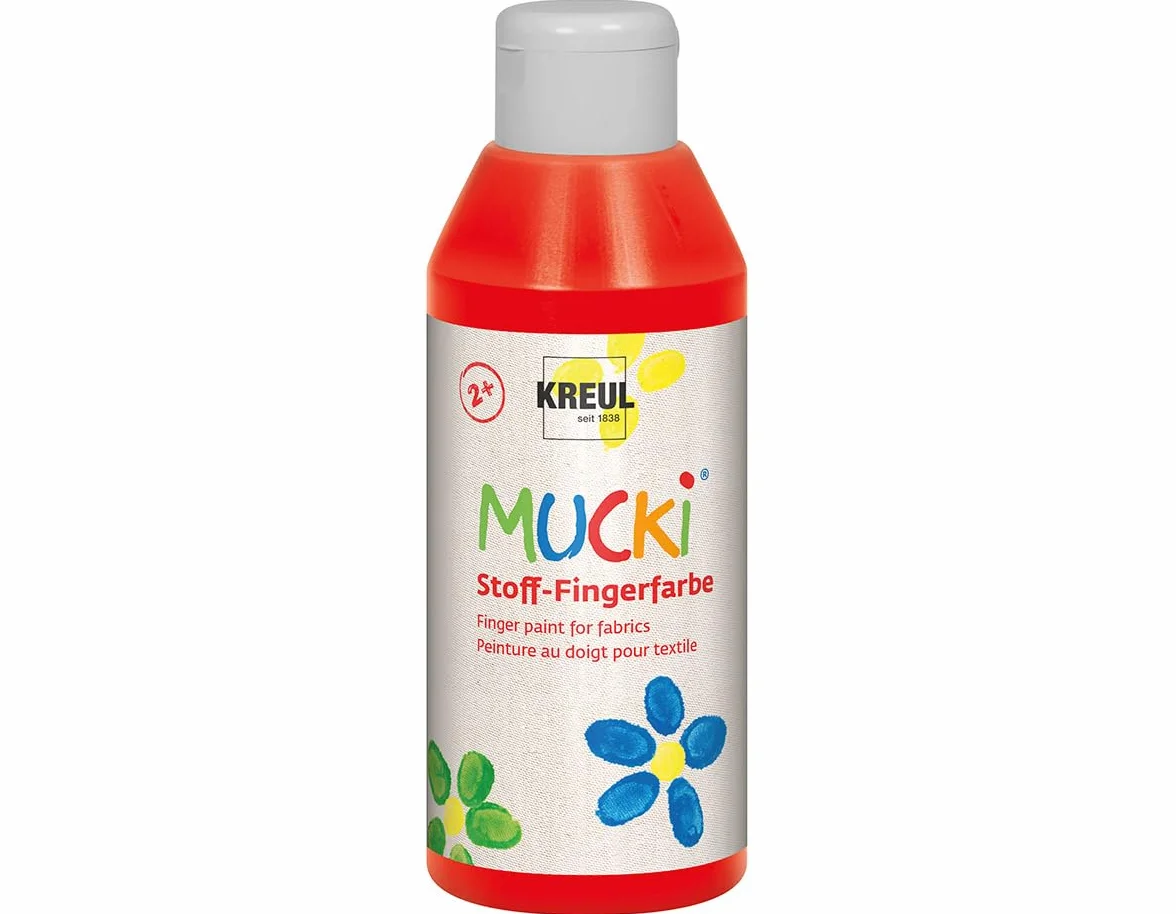 KREUL 28403 - Mucki luminous fabric - vernice per le dita, 250 ml in rosso, a base d'acqua, senza parabeni, senza glutine, senza lattosio e vegana, ideale per l'uso con dita e mani