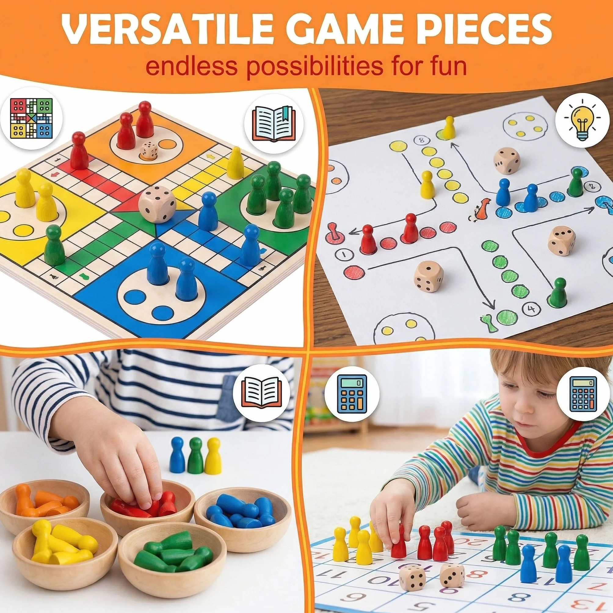 48PCS Pedine Gioco da Tavolo + 6PCS Dadi Dadi da Gioco in legno, Set di Pedine Colorate Personaggi Cono in Legno per Giochi Tavolo, Adatto ai bambini, Dadi da Gioco 14 mm