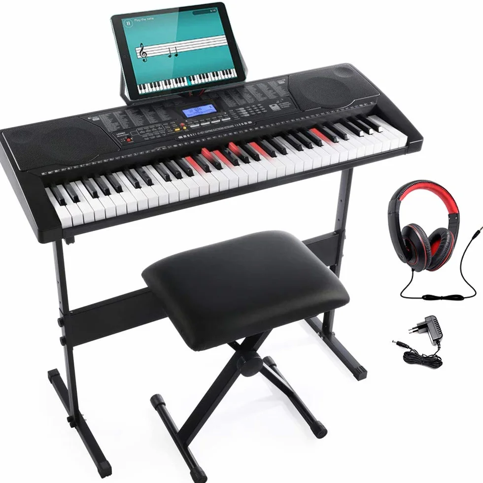 Bakaji Tastiera Musicale Pianola Elettronica 61 Tasti Luminosi Pianoforte Multifunzione con Supporto Sgabello e Cuffie 255 Ritmi50 Brani Ingresso AUX e Leggio per Smartphone/Tablet