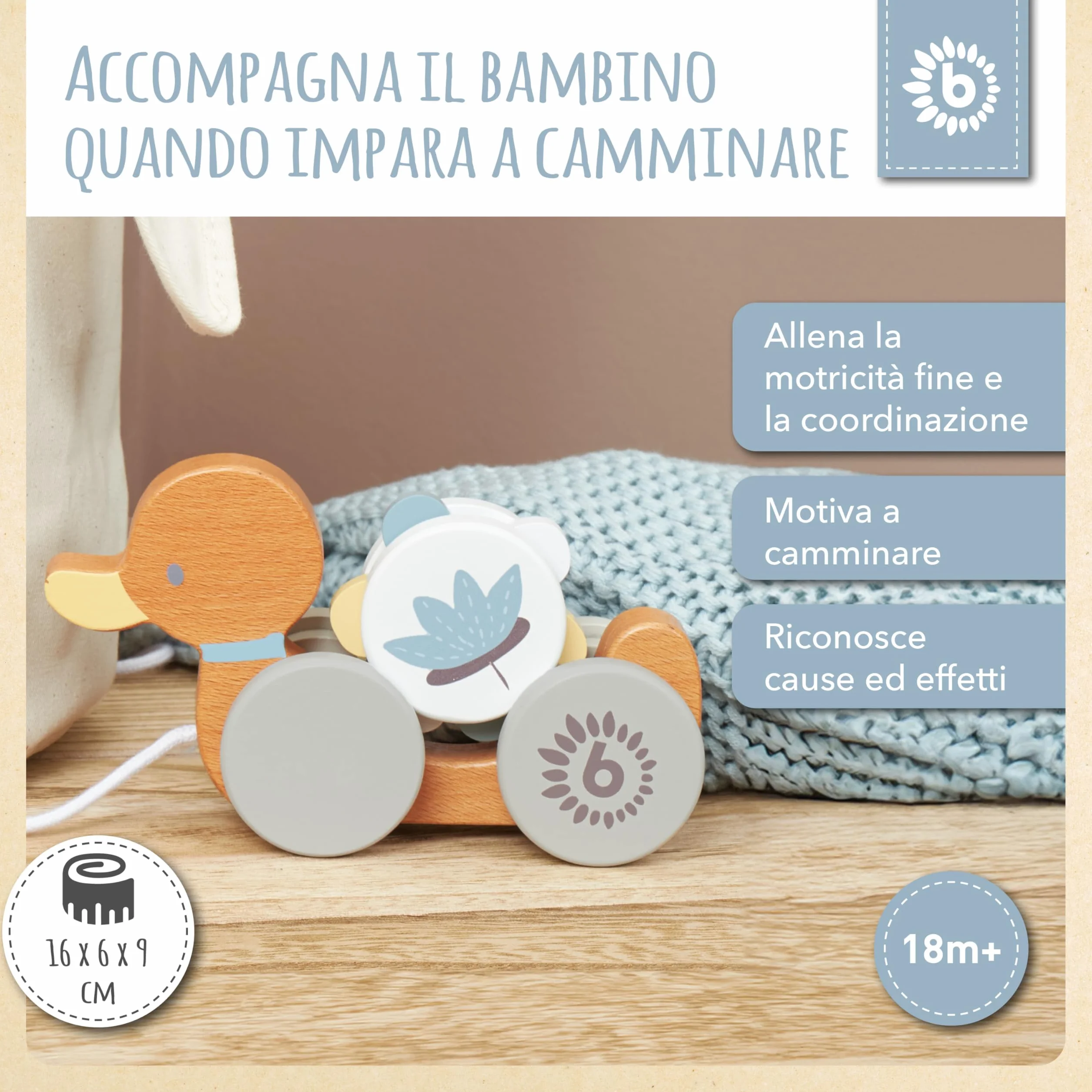 Bieco Anatra in Legno da Tirare | Giocattolo Trainabile per Bambini da 1 Anno | Animale da Traino