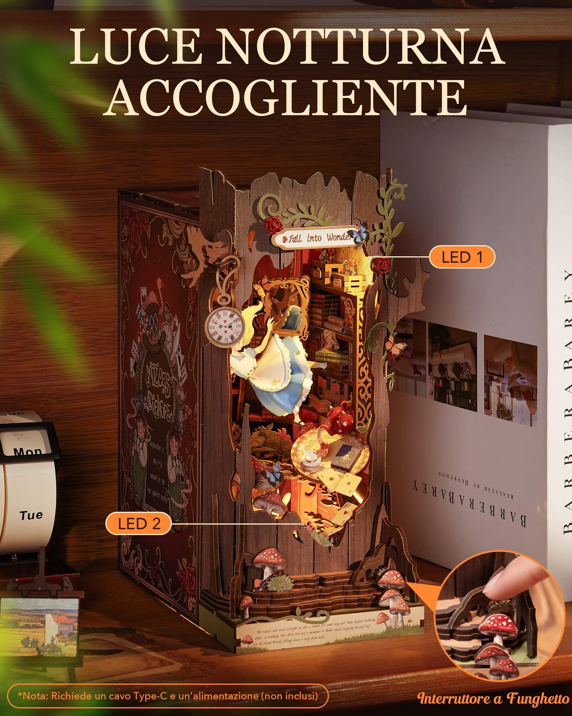 Rolife Book Nook Kit Miniature da Costruire DIY Booknook Fall into Wonder 3d Puzzle Legno con Luci Decorazione Libreria Casa Modellismo da Costruire Adulti Diorama Modellismo