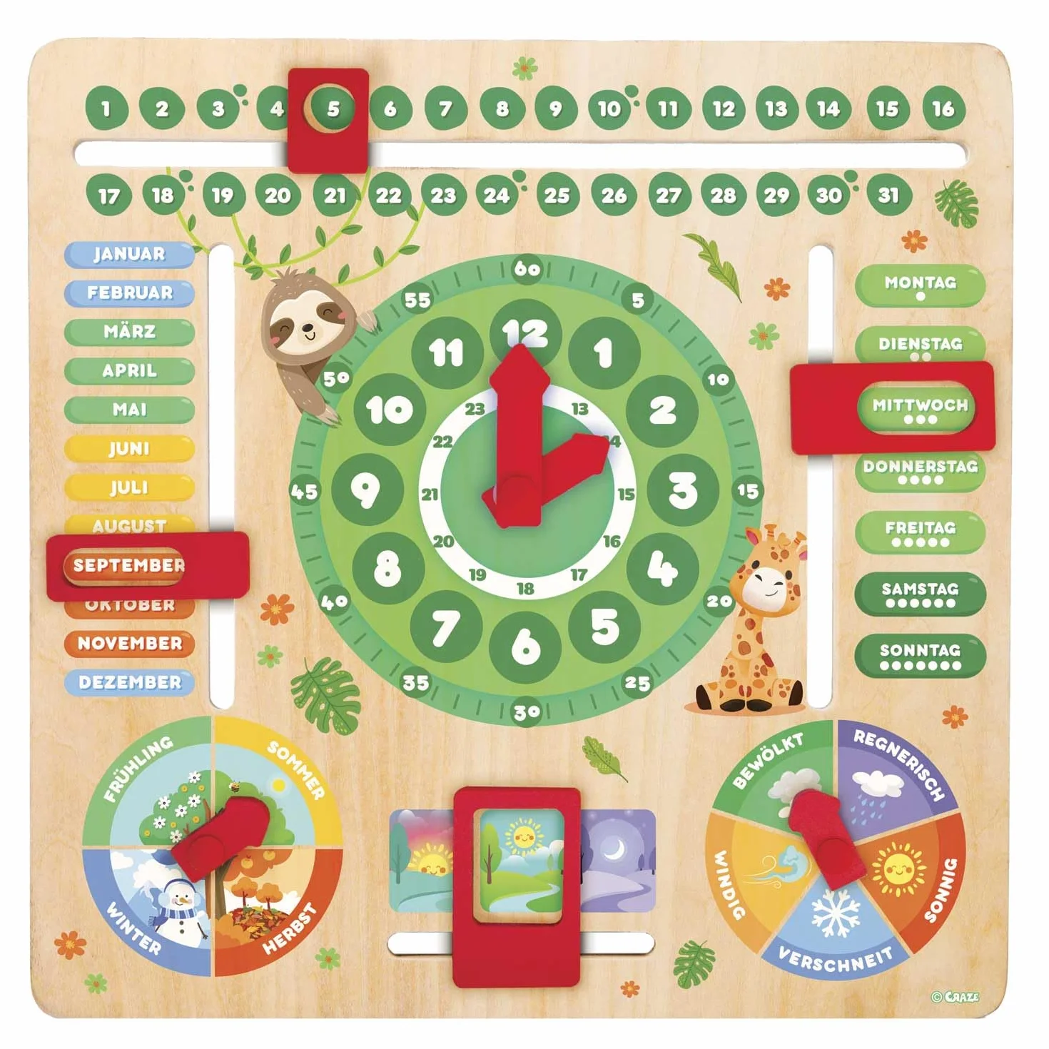 Craze My Learning Clock Animals - Orologio educativo per Bambini in Legno, Calendario per l'apprendimento dei Bambini, da Parete, Colore: Verde