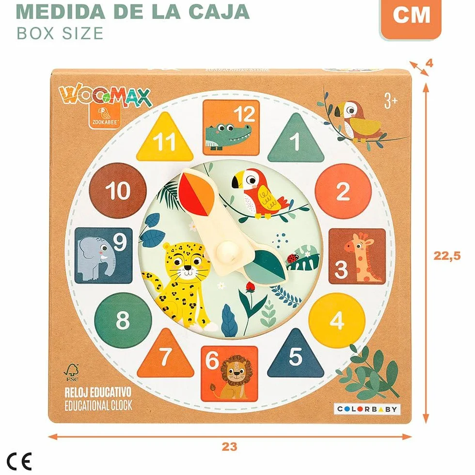 WOOMAX - Orologio in Legno Giocattolo, Zookabee, Diametro 22 cm, Animali Selvatici, Orologi educativi, Incassabili, Design Giungla, Gioco educativo, Giocattoli Bambini 3 Anni, Orologi educativi, FSC