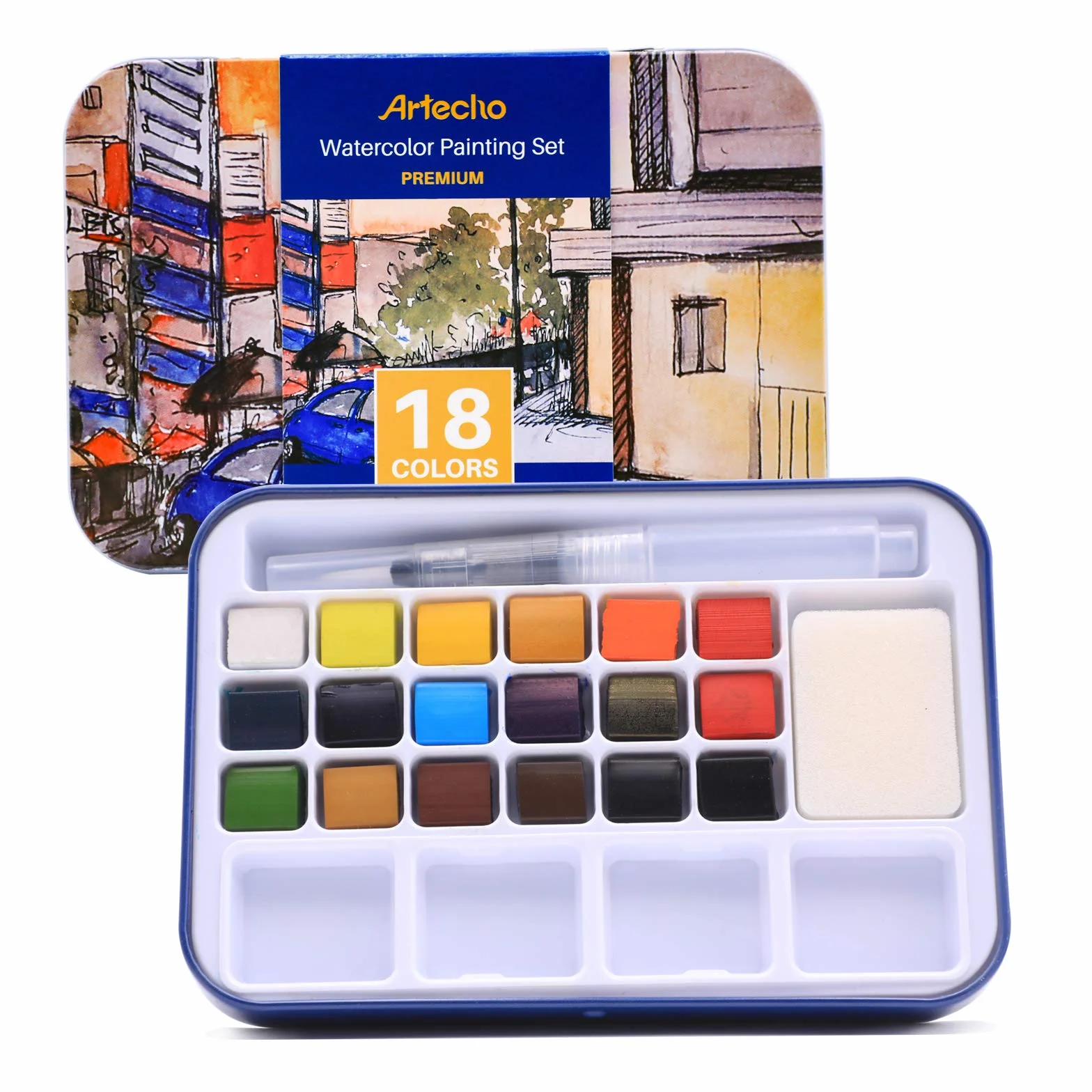 Artecho - Set per Pittura ad Acquerello con 18 Colori Vivaci, tra cui Penna ad Acqua, Spugna e Tabella dei Colori Vuota per Carta Acquerello, Custodia Leggera e Portatile