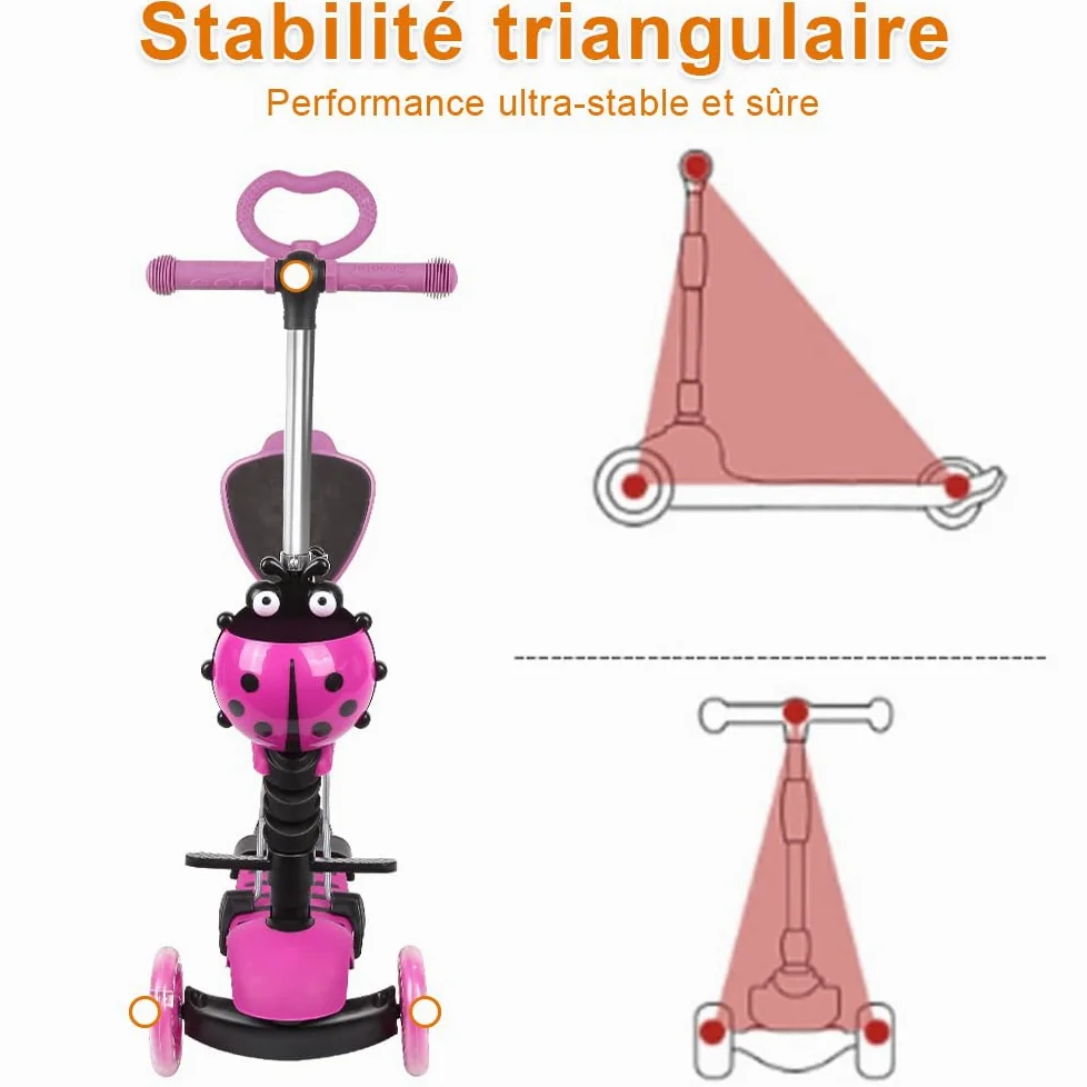 Monopattino per bambini 5 in 1 a partire dai 2 anni fino a 50 kg, con sedile pieghevole e ruote LED, regolabile in altezza, pieghevole, triciciclo scooter per bambini e bambine