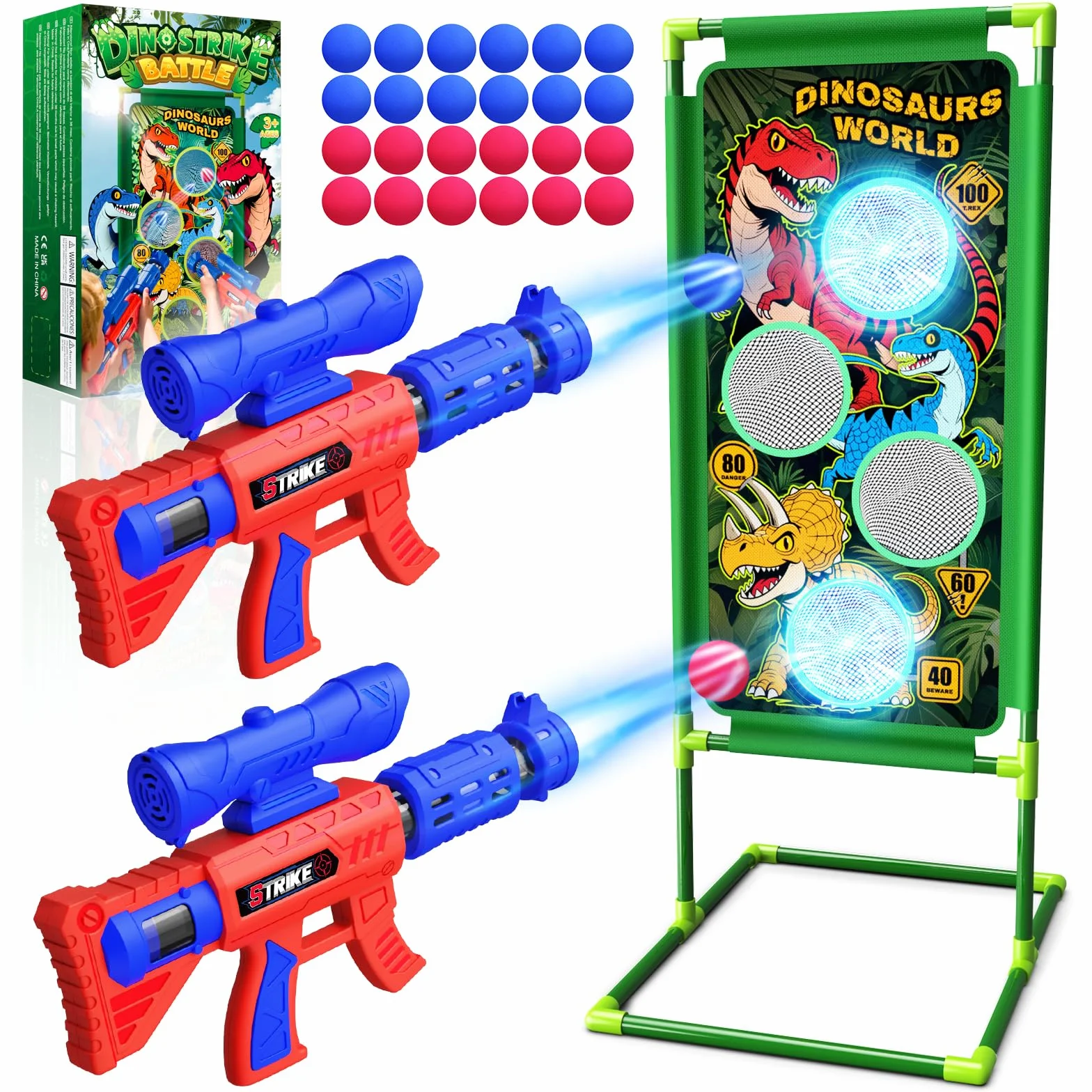 Giochi di Tiro al Bersaglio Dinosauro Giocattolo per Bambini 3-12 Anni 2 Air Blaster con Mira, 4 Bersagli e 24 Palline di Schiuma