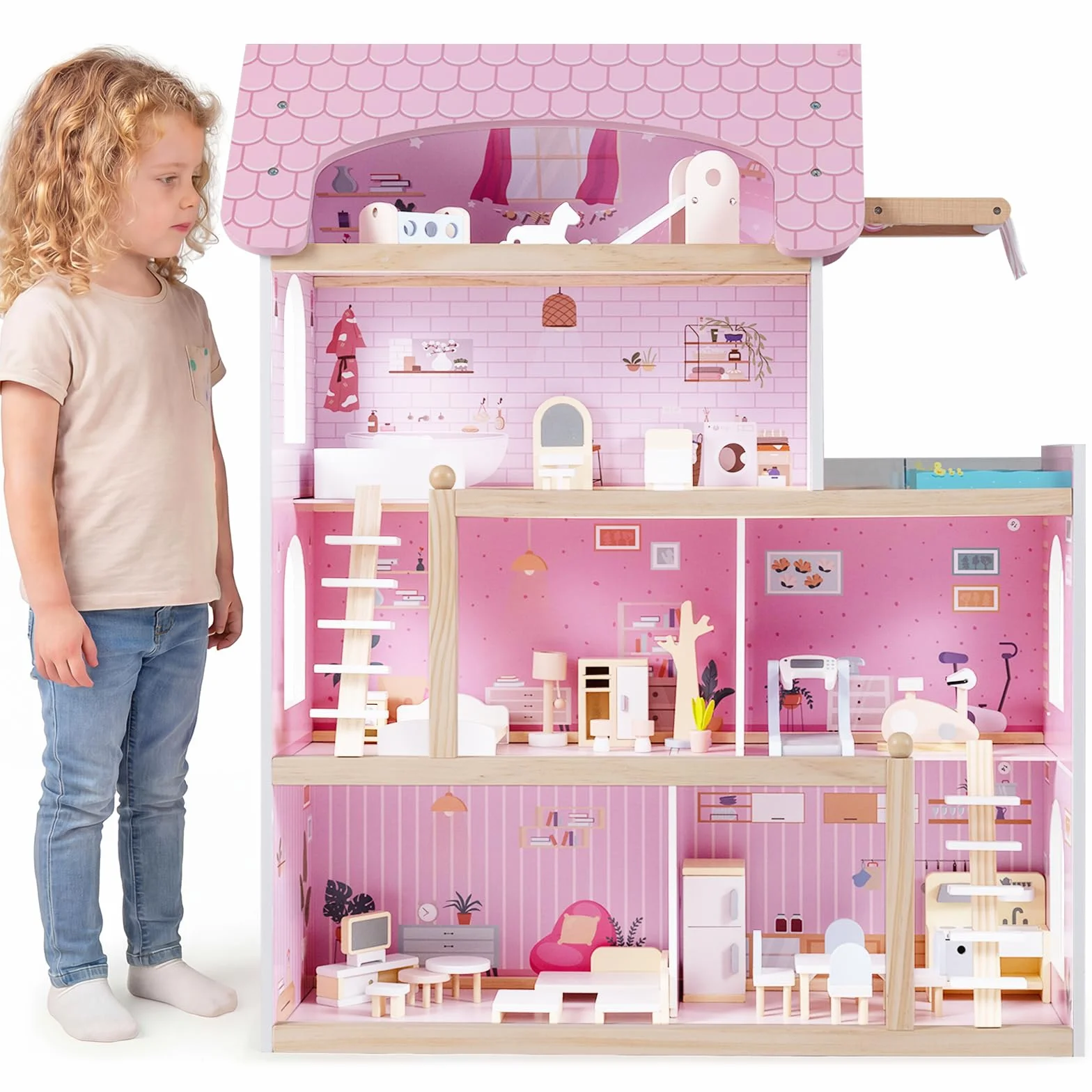 COSTWAY Casa delle Bambole in Legno, Casa Bambole con 4 Piani, 6 Stanze, Terrazza, Piscina e Scale, Casetta Giocattolo Educativo con 33 Mobili Accessori, per Bambini 3+ Anni, 63 x 25 x 78 cm (Rose)