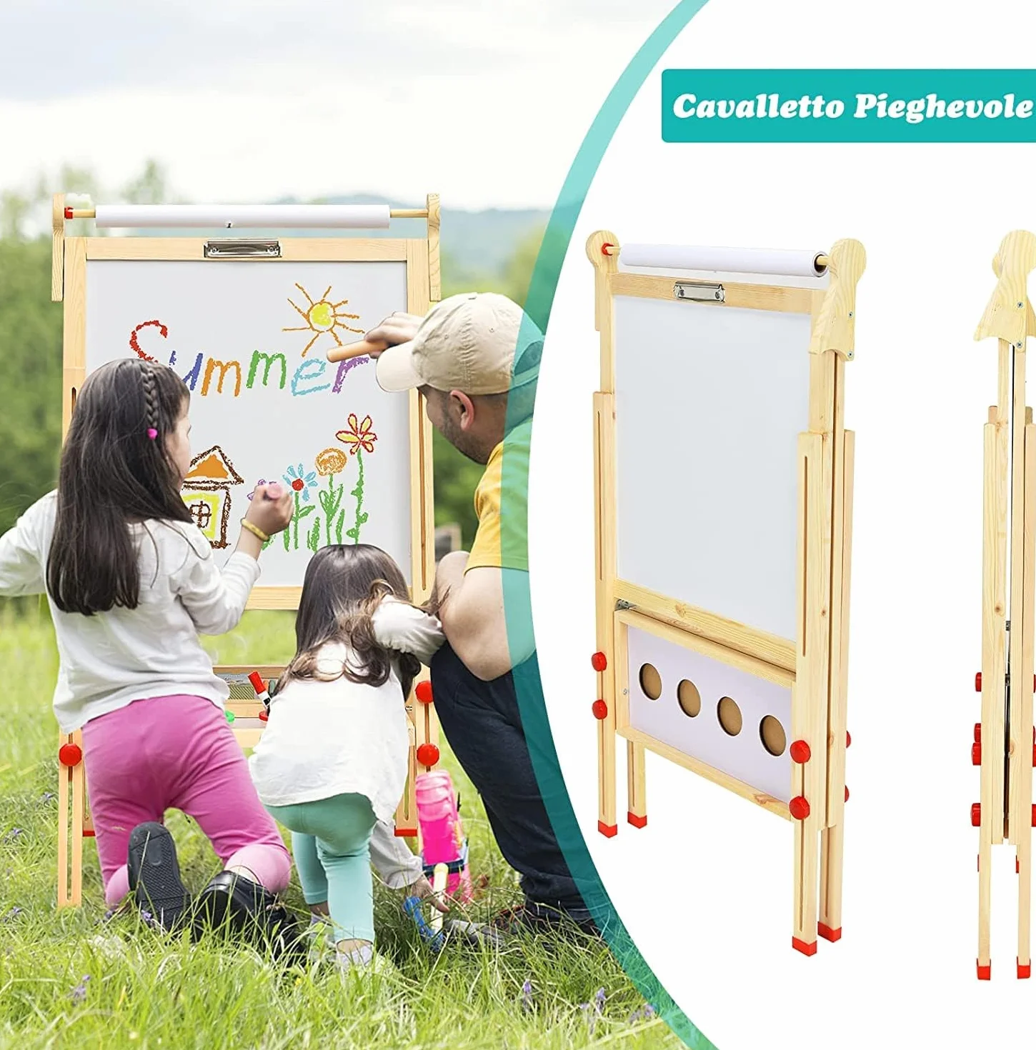 RELAX4LIFE Lavagna Magnetica per Bambini 3 in 1 Cavalletto Pieghevole Altezza Regolabile 85-147 cm Legno di Pino