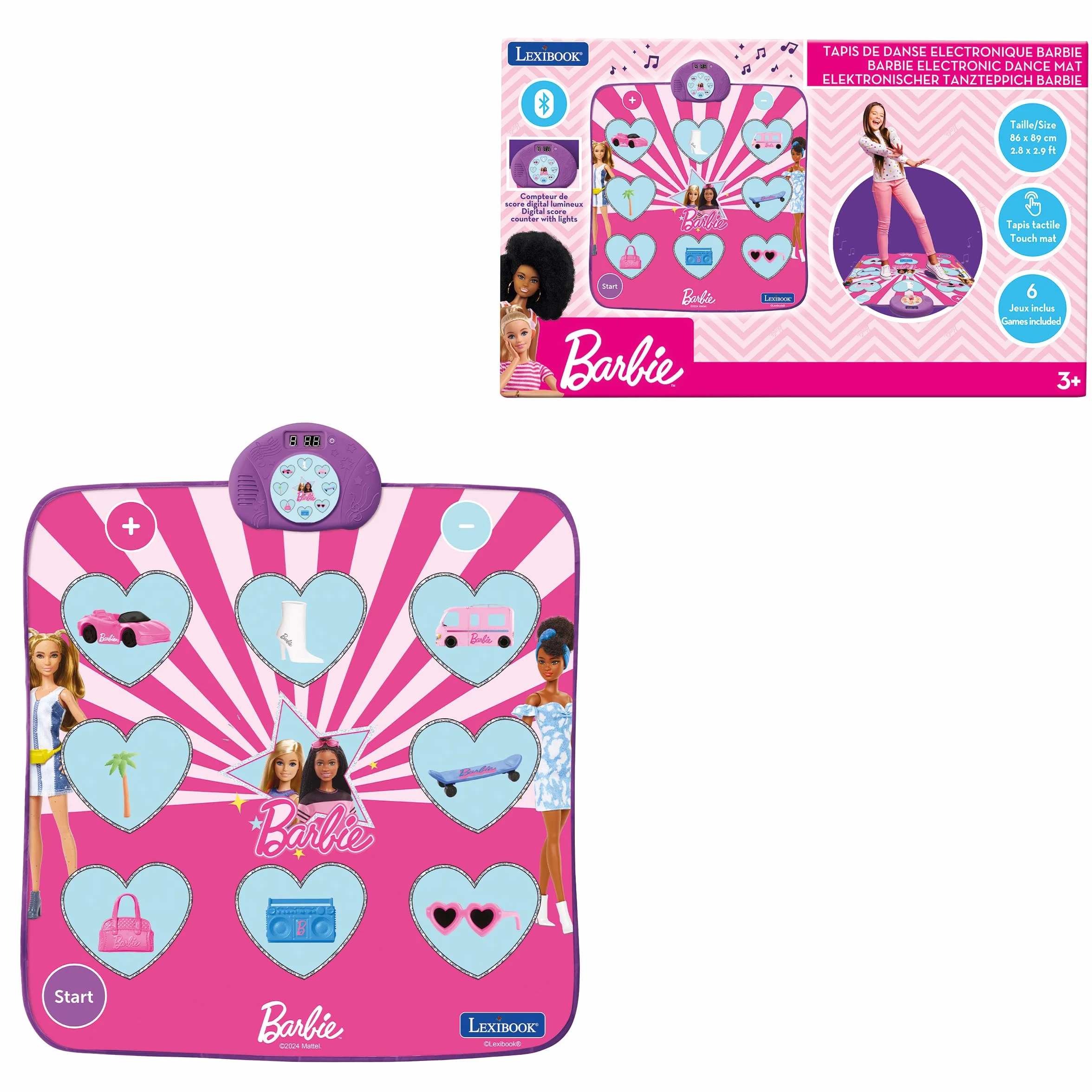 Lexibook, Mattel Barbie, Tappeto da Danza elettronico Barbie, Bluetooth e Luminoso con 6 modalità di Gioco, Rosa, DM10BBLXB