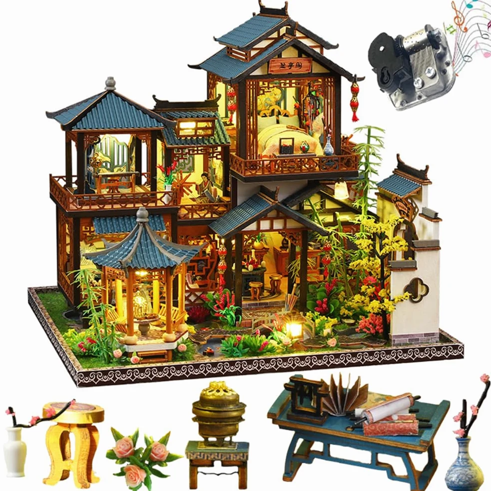 Kit per casa delle bambole montato in legno 3D fai da te in miniatura stile cinese palcoscenico edificio con musica creatività Halloween regalo di compleanno (senza copertura antipolvere)