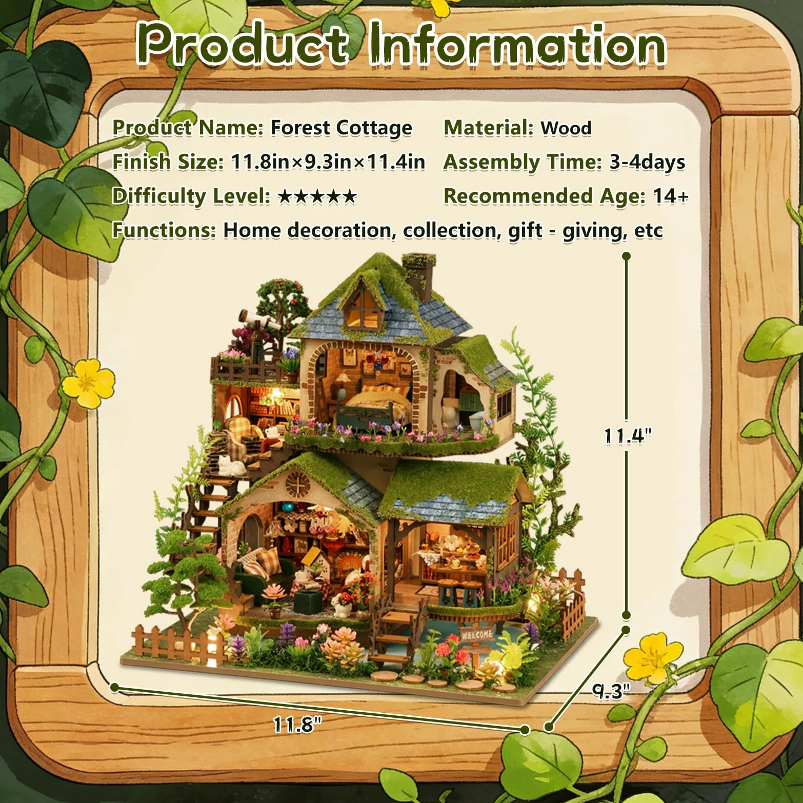 Kit fai da te in miniatura, kit per casa delle bambole vittoriana, puzzle 3D in legno per libreria, kit per la costruzione di mini case delle bambole per adulti e adolescenti (Cottage nella foresta)