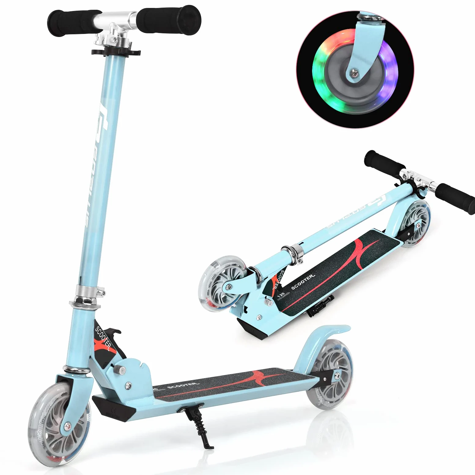 GOPLUS Monopattino Pieghevole a 2 Ruote Luminose Scotter Altezza Regolabile a 3 Livelli per Bambini 4-13 Anni, Alluminio, 70kg (Azzurro)