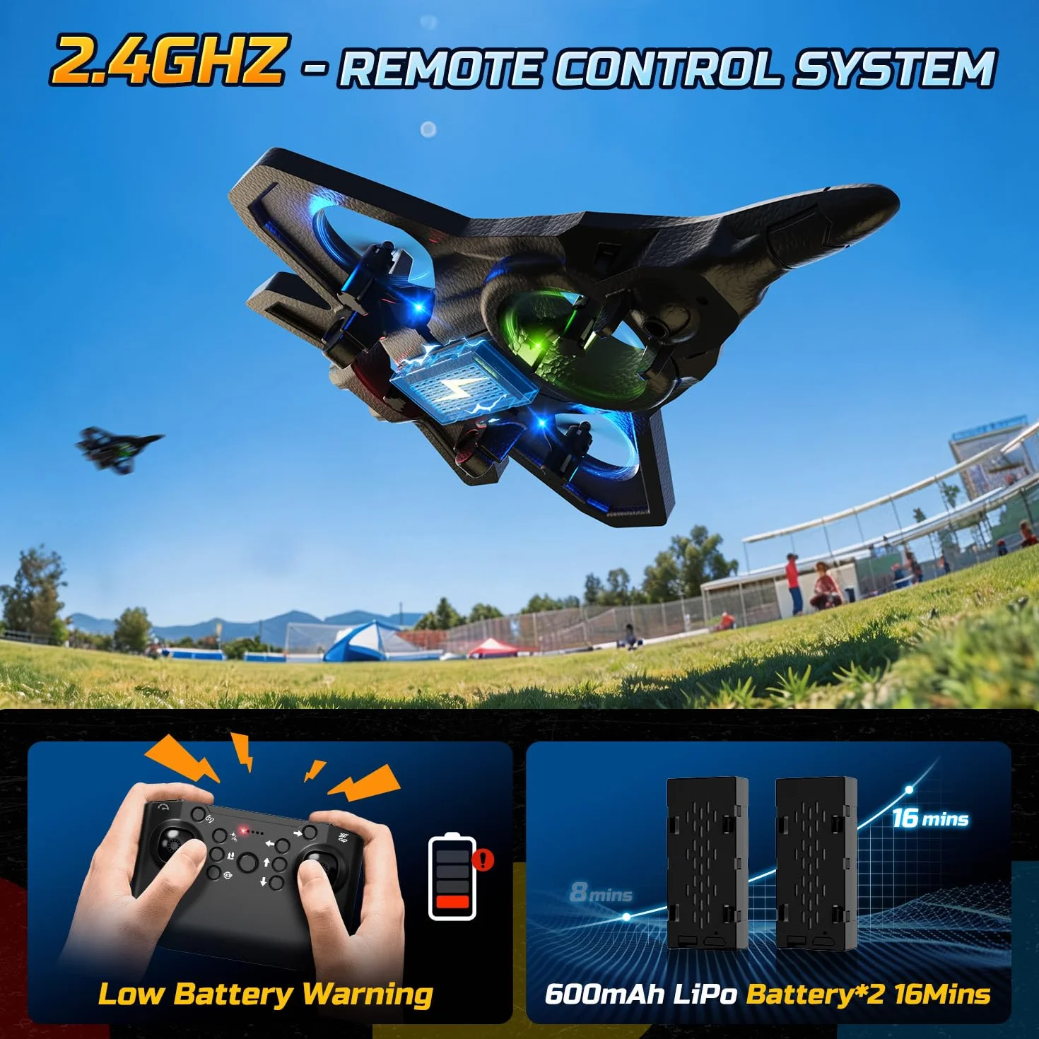DEERC Aereo in schiuma RC per bambini, aereo radiocomandato in altezza, clip 3D e luci a LED, 2 batterie, aereo RC adatto ai principianti per ragazzi e ragazze (blu-arancio)
