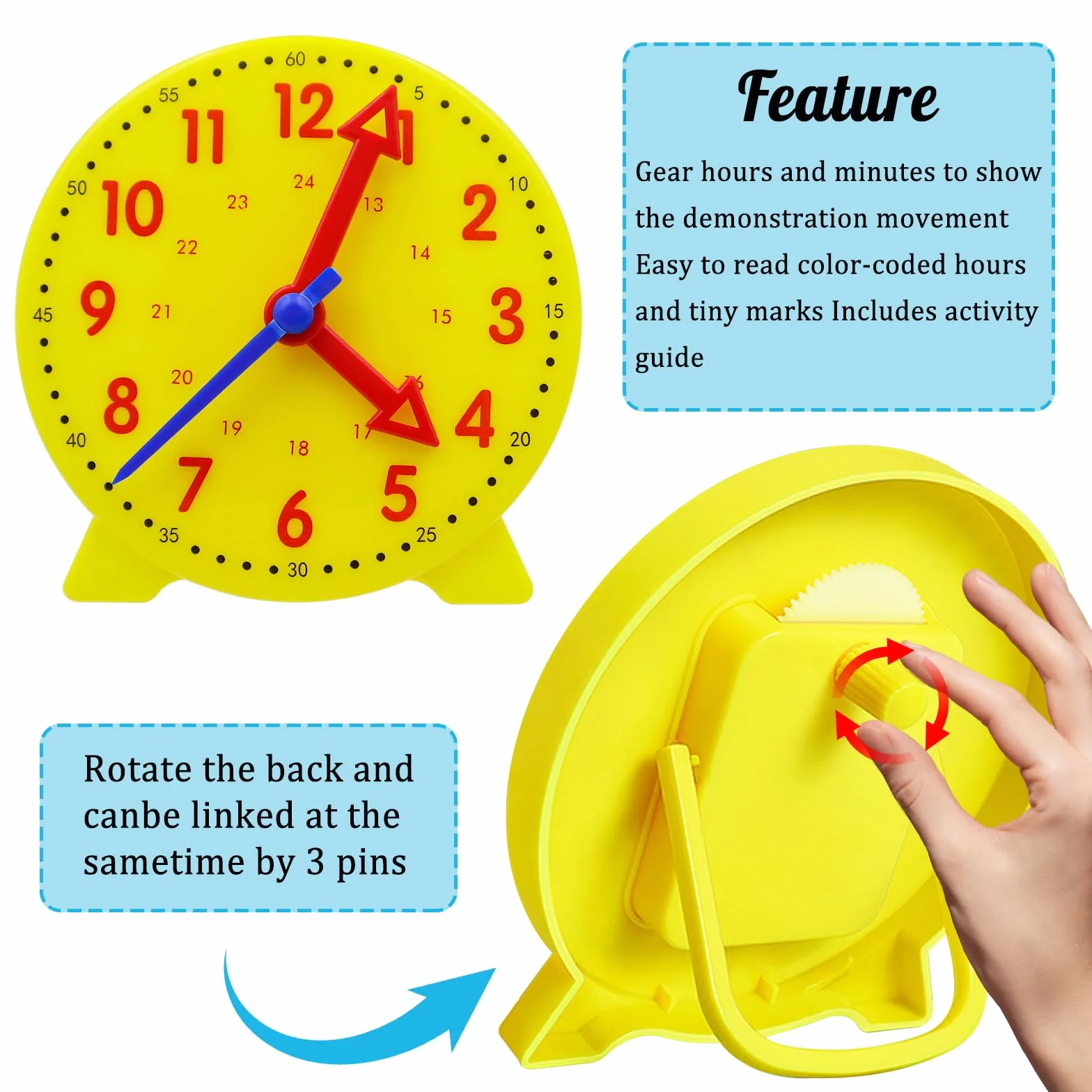 1 Set Modello di Orologio didattico, Orologio di apprendimento, Apprendimento Giochi Matematica Orologio di,Gioco Orologio Bambini Adatto a Bambini