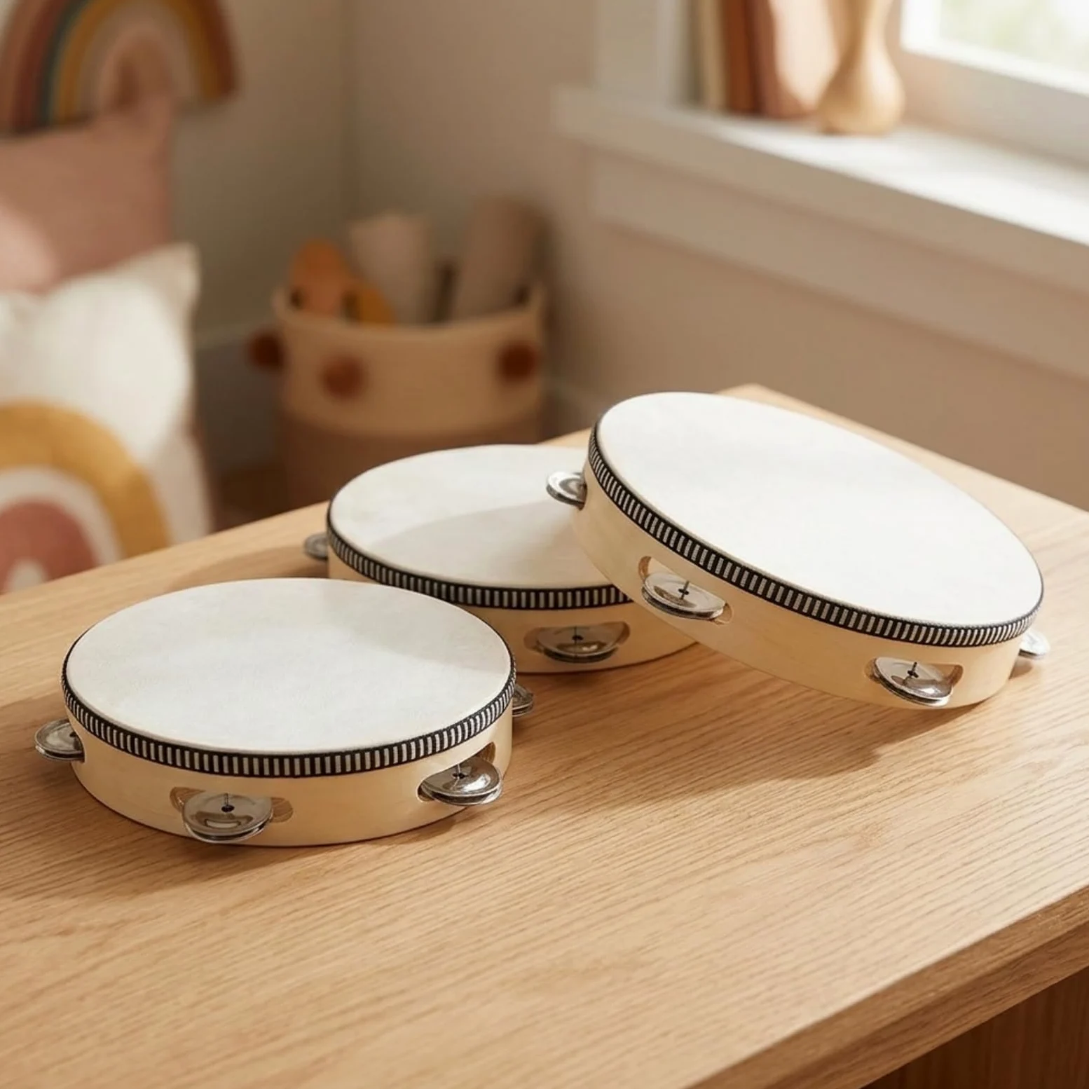 4 Pezzi Tamburello Leggero Tamburello in Legno con Campanelli Metallici Portatile Tamburo a Mano per Bambini