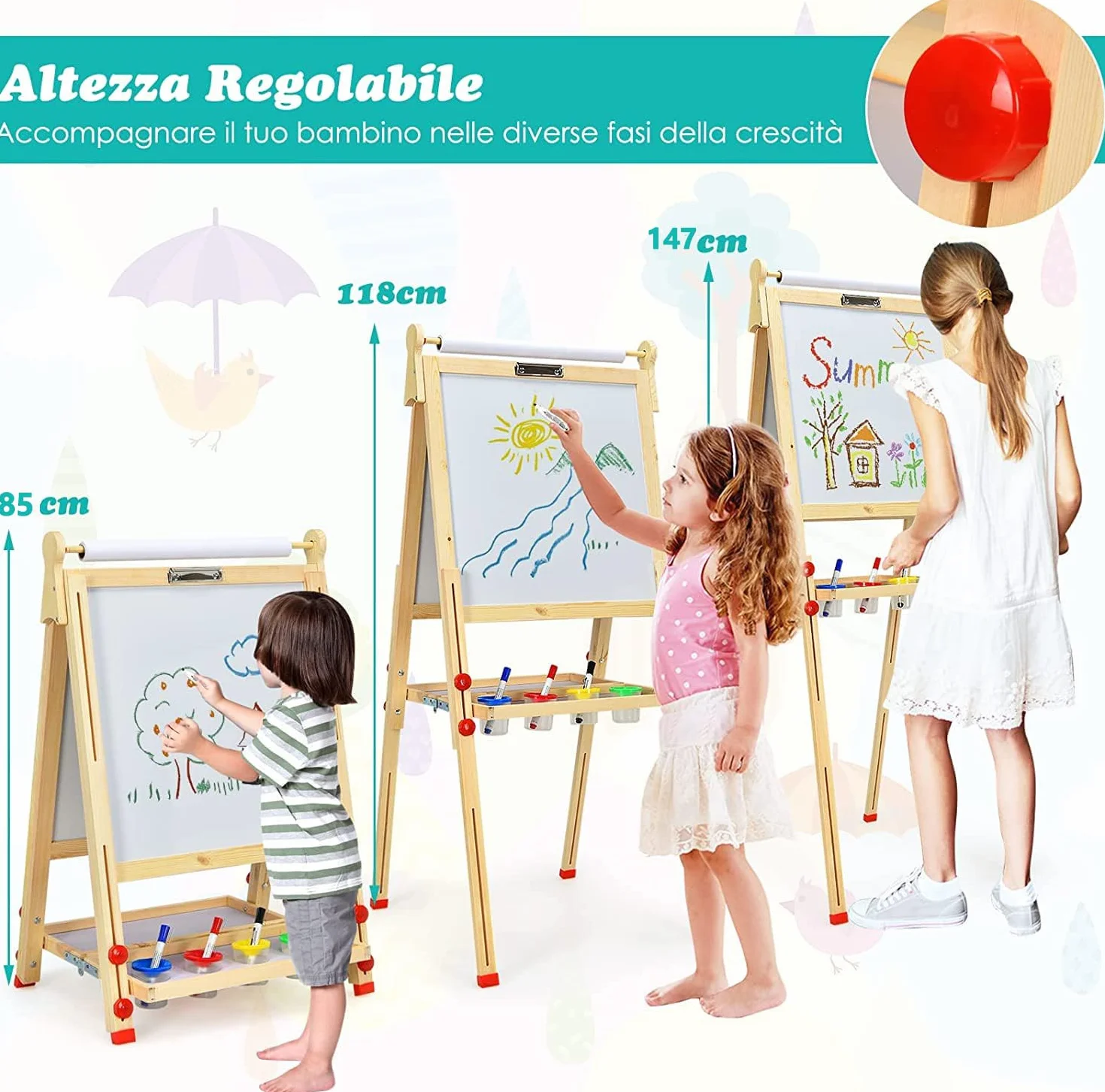RELAX4LIFE Lavagna Magnetica per Bambini 3 in 1 Cavalletto Pieghevole Altezza Regolabile 85-147 cm Legno di Pino