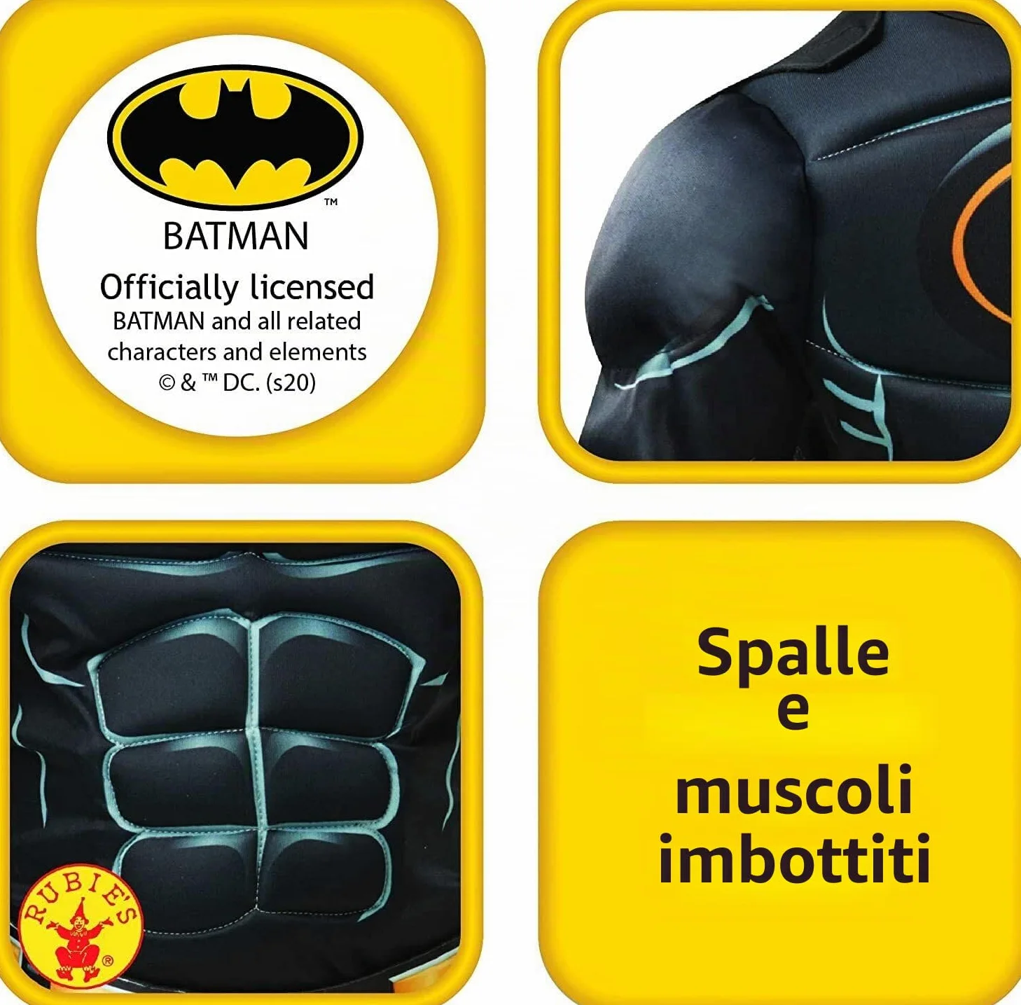 Rubies Costume Batman Black Core Deluxe per Bambini, con Petto muscoloso di Lusso Ufficiale Batman Nero Mantello Rimovibile e Maschera per Halloween, Natale, Carnevale e Compleanno