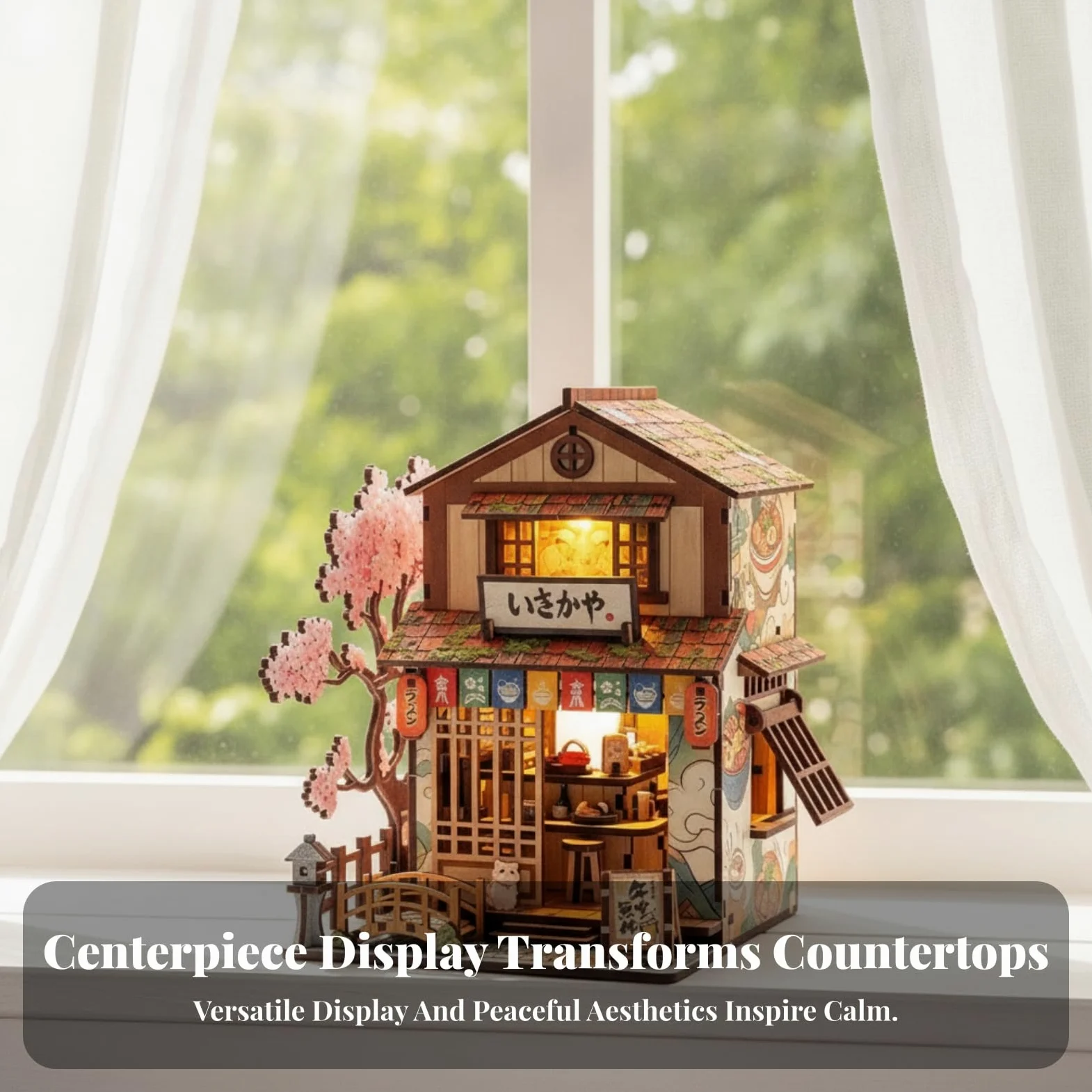 Miniatura Edificio Blocchi Costruzione Kit Modello Casa Vetrina Ornamento Tavolo Illuminazione Calda Legno con Tetto a Strati Finestre a Porta Insegna