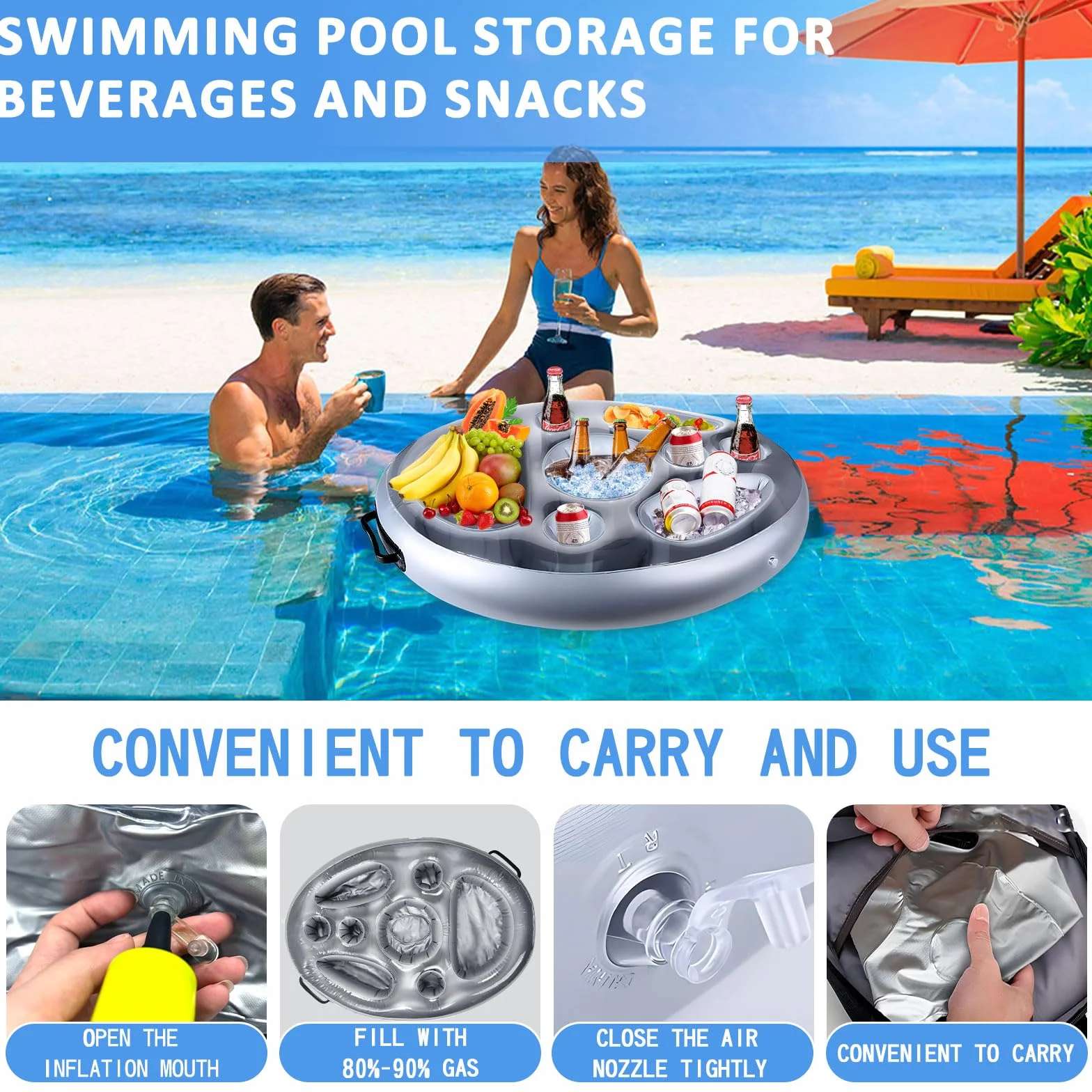 Amzeeniu Portabibite Gonfiabile Portabevande 2-in-1 e Porta Snack Bar Piscina Portabottiglie Galleggiante PVC Portabottiglie Gonfiabile Galleggiante Festa in Piscina Estiva