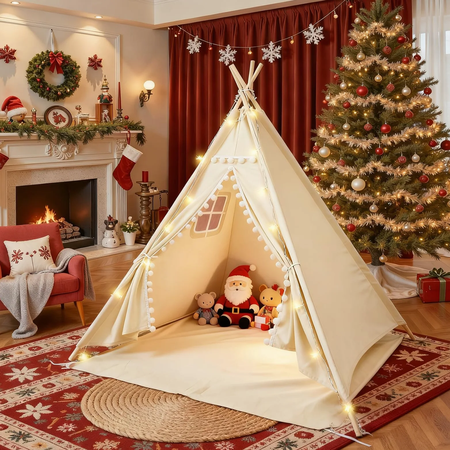 Tenda per Bambini, 120x140 cm Tenda Indiana Bambini per Cameretta, Castello Giochi per Bambini in Tela,Tenda Indiano con Lucine e Borsa Portaoggetti per Uso Interno o Esterno