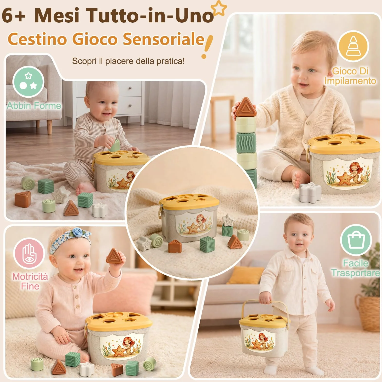 Anook Giochi Montessori 6 Mesi, 5 in 1 Giochi 6 8 10 Mesi Include Giochi Bambini Formine, Costruzioni Bambini 6 Mesi, Scatola di Fazzoletti, Giochi Sensoriali Neonato per Regalo Bimba Bimbo 6-24 Mesi