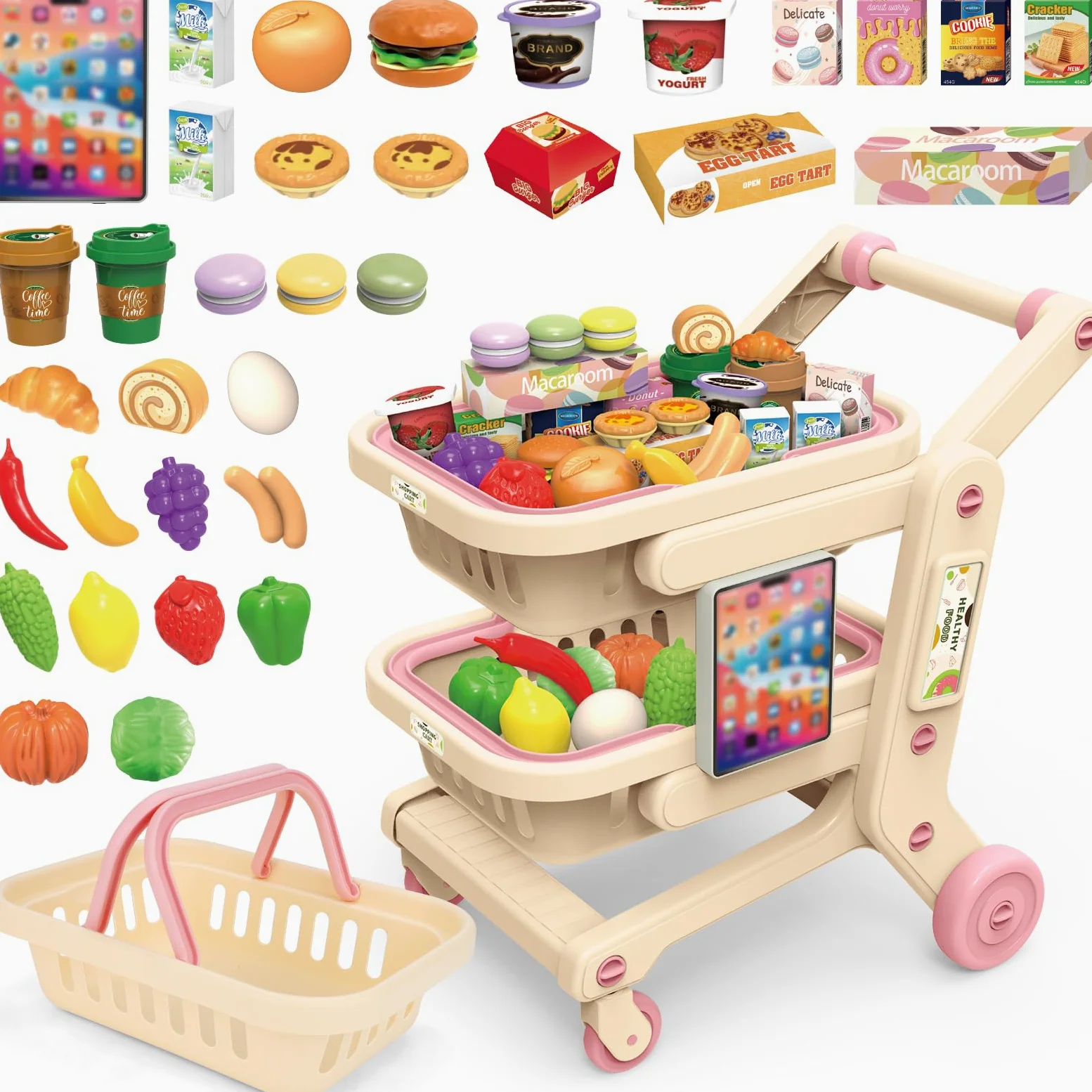 deAO Carrello Spesa Bambini con Frutta, Verdura | Carrello Spesa Giocattolo Bambini Gioco di Ruolo Cestino Della Spesa Portatile 2 Ripiani Dotato di Ruote Scorrevoli