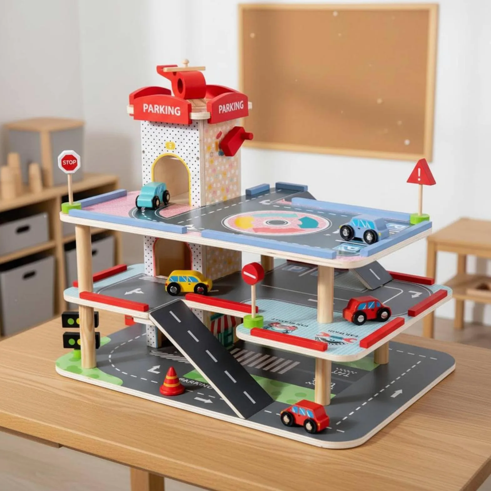 Harilla Children Parcheggio Gioco Parcheggio Giocattolo Garage Multilivello Auto Ascensore Manuale Legno Funzione Motoria Adatto per Insegnamento Meccanico, M-Parcheggio Piccolo