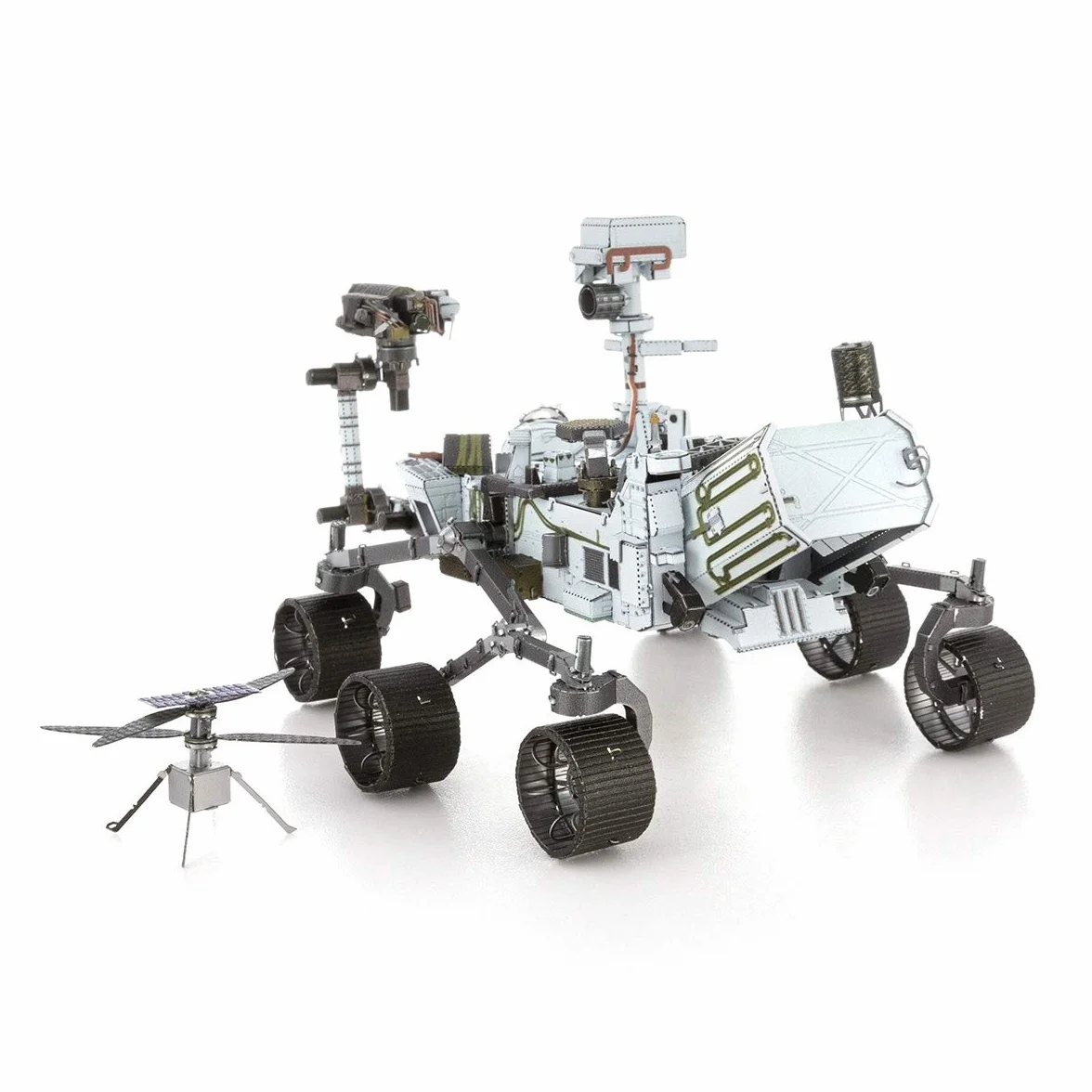 Metallo Earth Aviation: Mars Perrigorance & Ingenuity Helicopter, Rover: 9 x 12,5 x 7,5 cm & elicotteri: 3,3 x 2,6 x 2 cm, modellino 3D in metallo con 4,5 fogli, su scheda 12 x 17 cm, 14+.