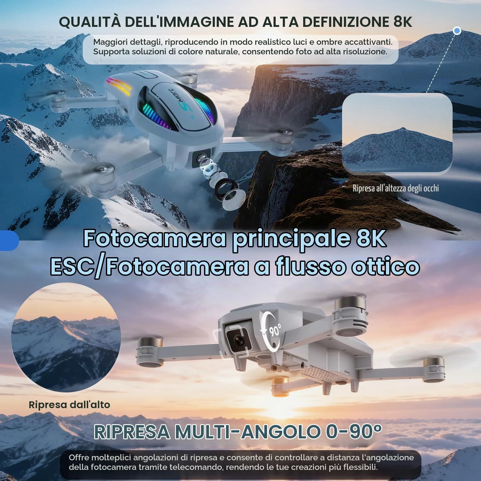 Drone 8K HD con Schermo e Doppia Fotocamera, Drone con Evitamento Ostacoli & Flusso Ottico, WiFi 30fps Quadcopter, Pieghevole, Controllo Gesti, Kit Completo per Adulti & Principianti