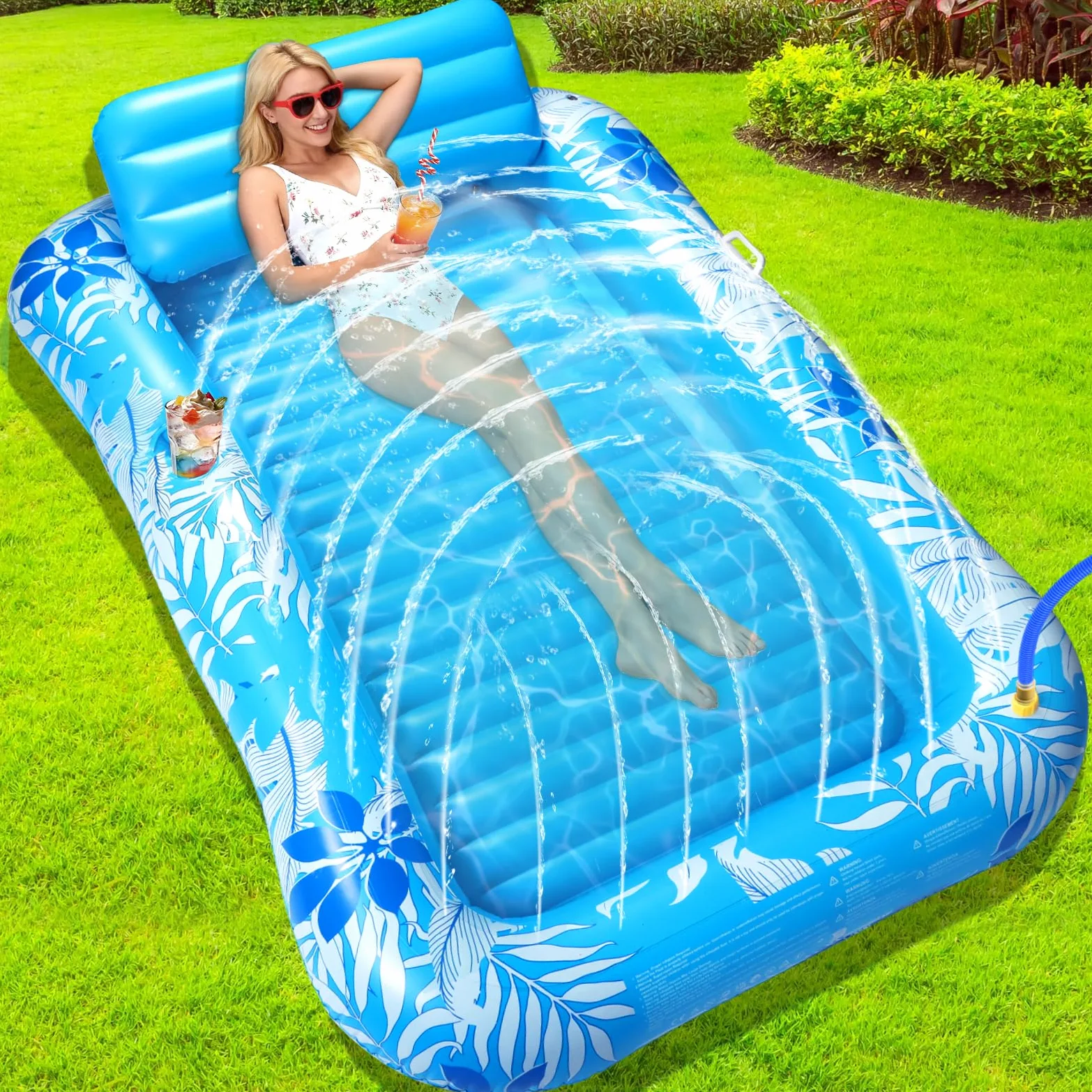 Materassino Gonfiabile Piscina Spruzzo, Piscina Abbronzante Adulti Poggiatesta Portabibite 210 * 130CM Gonfiabile Amaca Galleggiante Tanning Pool per Giardino Prato Spiaggia