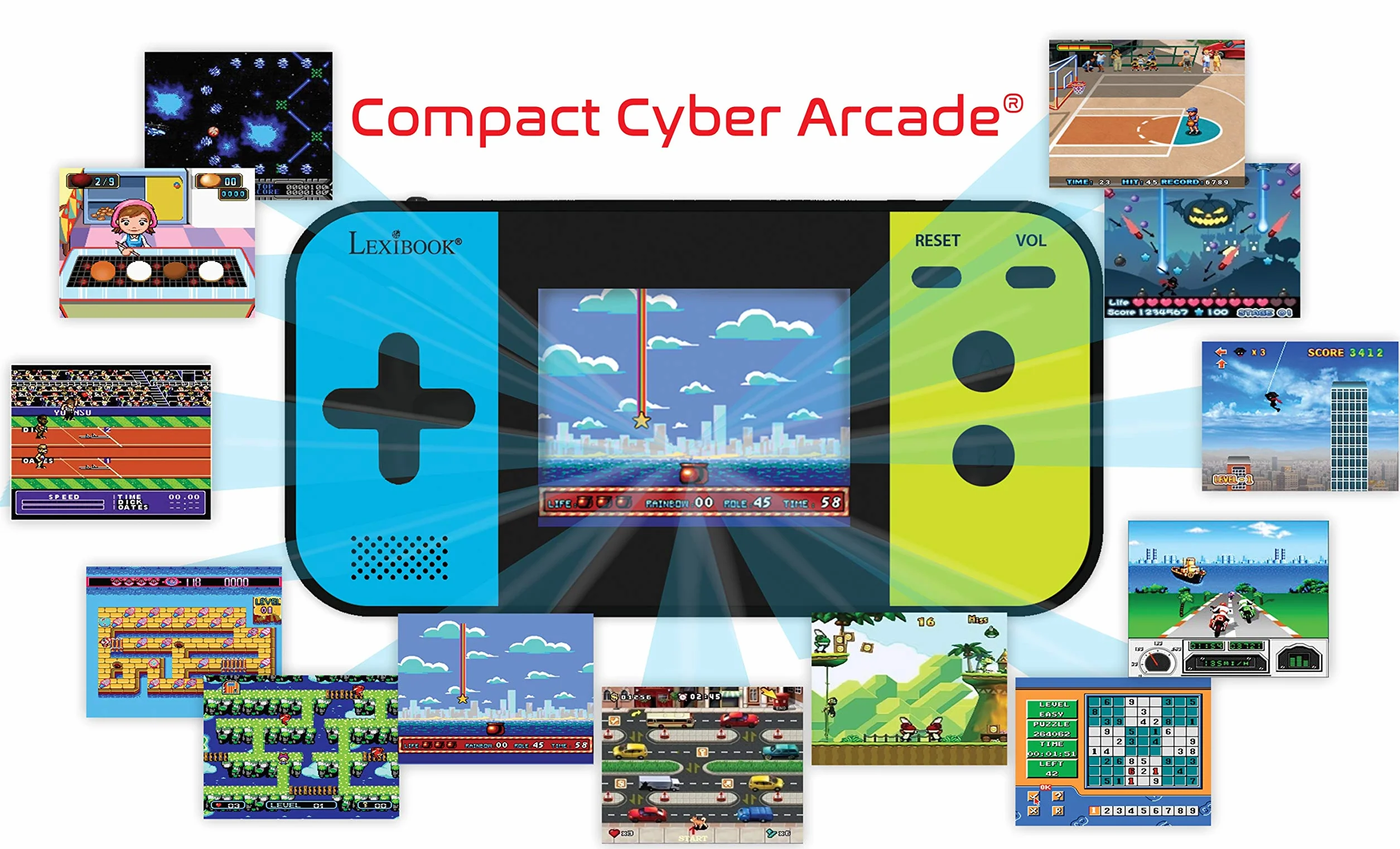 Lexibook, Cyber Arcade compatto, console di gioco portatile, 250 giochi, LCD, a batteria, videogioco per bambini, nero/blu/verde, JL2377