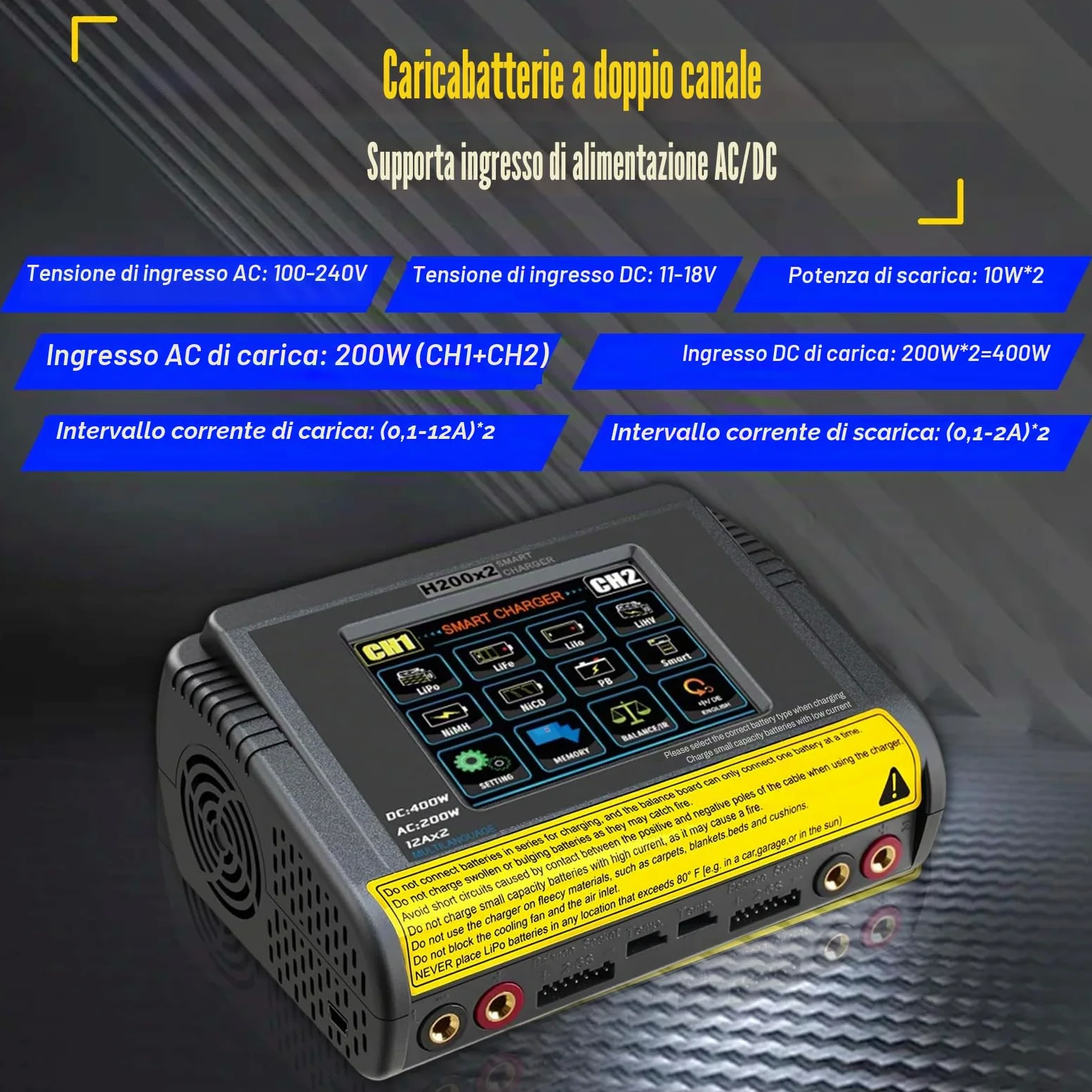 Caricabatterie lipo T400 AC200W/DC400W 12A,lipo caricatore bilanciato doppio scarico 3,2 pollici a colori touch screen scaricatore per LiPo/Lilon/LiFe/NiMH/NiCd/PB/NiMH