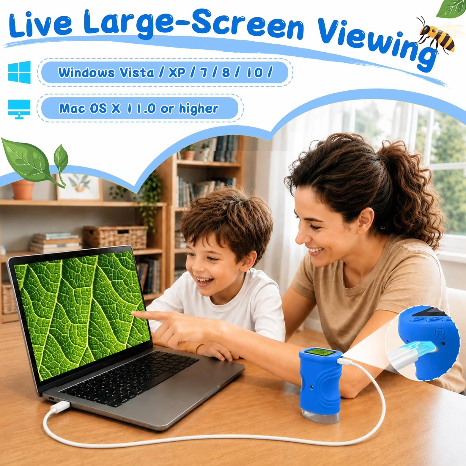 Microscopio Digitale Bambini 1000X, Microscopio Portatile con Schermo IPS 2 Pollici, 8 LED Luce Regolabile, Foto e Video, Regalo di Compleanno per Bambini Ragazzi e Ragazze (Blu)