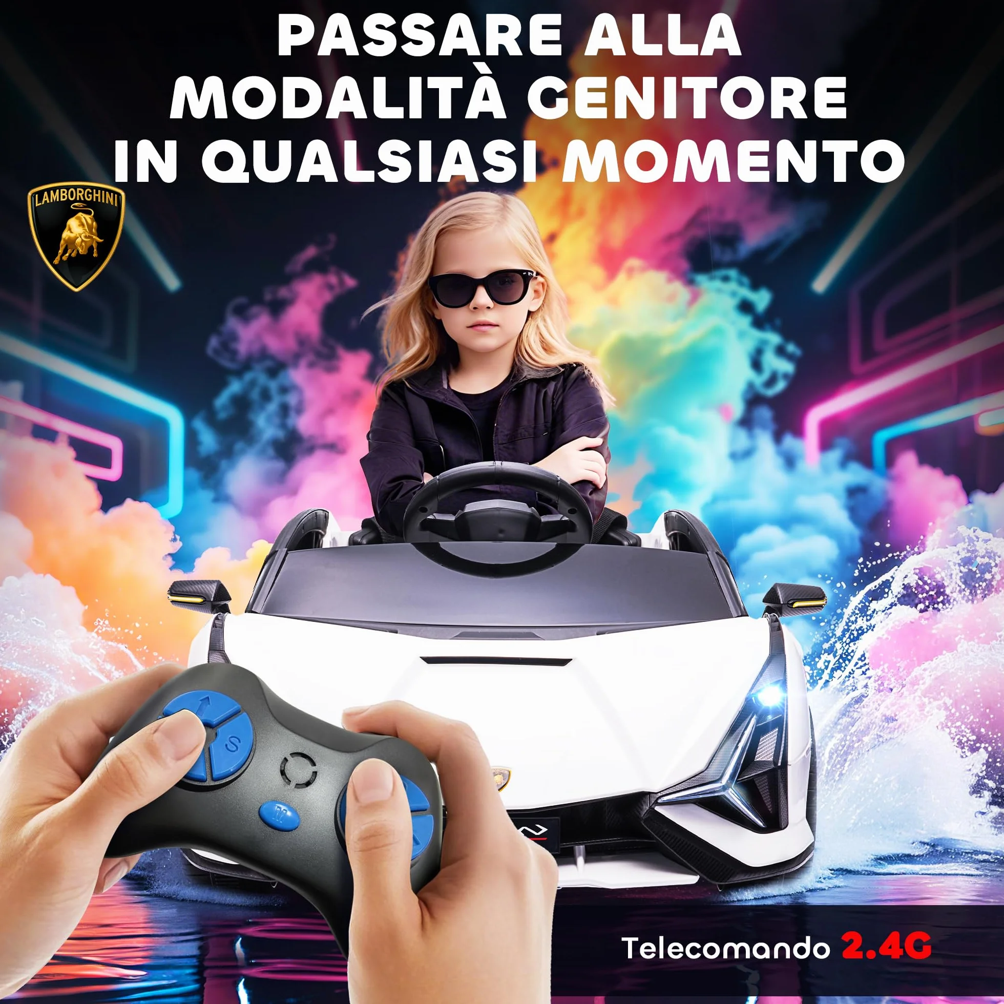 HOMCOM Macchina Elettrica per Bambini 3-5 Anni 12V Lamborghini SIAN, 3-5km/h Auto Elettrica per Bambini con 2 Motori, Fari e Musica, Telecomando, Cintura e Clacson, Bianco