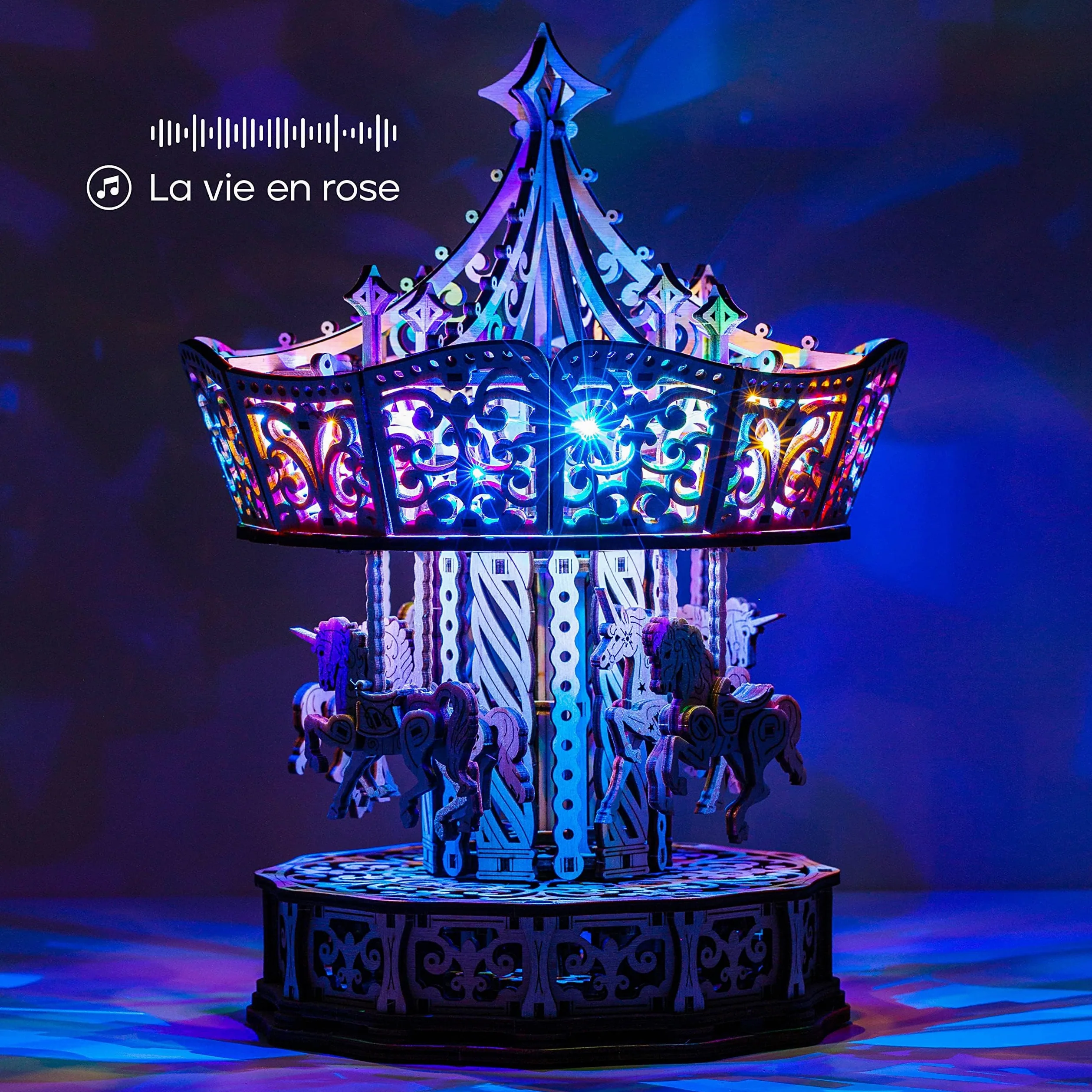 Wood Trick Parisian Carousel Puzzle 3D di Legno per Adulti da Costruire | [440 Pezzi] Carillon Rotante Retroilluminato - Kit di Montaggio Meccanico in Legno DIY per Adulti