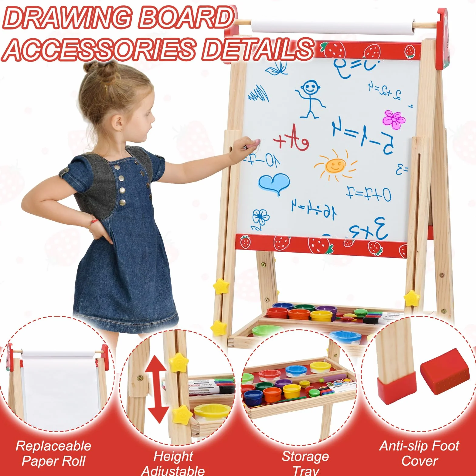 Lavagna per Bambini Cavalletto 3 in 1 Doppia Faccia con Rotolo di Carta Altezza Regolabile 95-125cm Pieghevole Multiattività Vassoio di Stoccaggio 100+ Accessori da Disegno