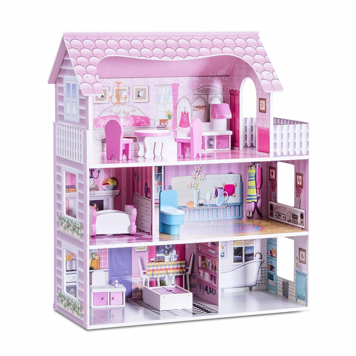 GIANTEX Casa delle Bambole in Legno, Set Giocattoli per Bambole, Casetta a 3 Piani con Mobili per Bambini, Giocattoli per Camera dei Bambini, Rosa 62x27x70cm