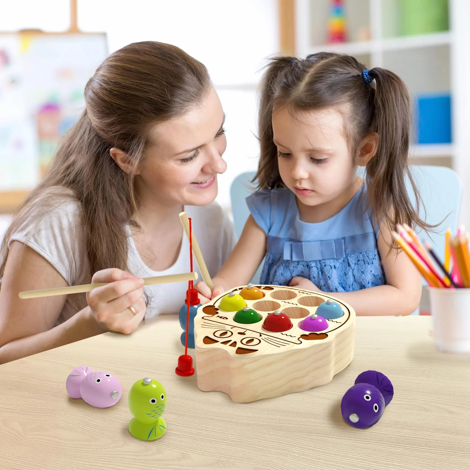 Giochi Montessori 2 Anni, Gioco Pesca Pesci Calamita 3 Anni con 10 Pesci 2 Canne da Pesca, Regalo Bambino per 2 3 4 Anni (Pesca al Gatto Carino)