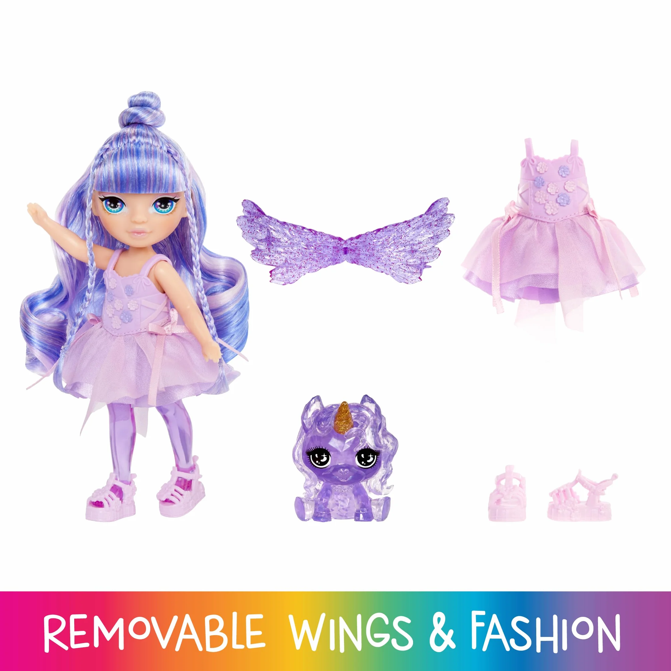 Rainbow High Littles Rainbow Fantasy Fairies & Pet - Amethyst, Viola - Bambola Piccola 14 cm Snodata e Animaletto Magico Unicorno Pegaso Fantasy con Ali da Fata intercambiabili. Età 4+