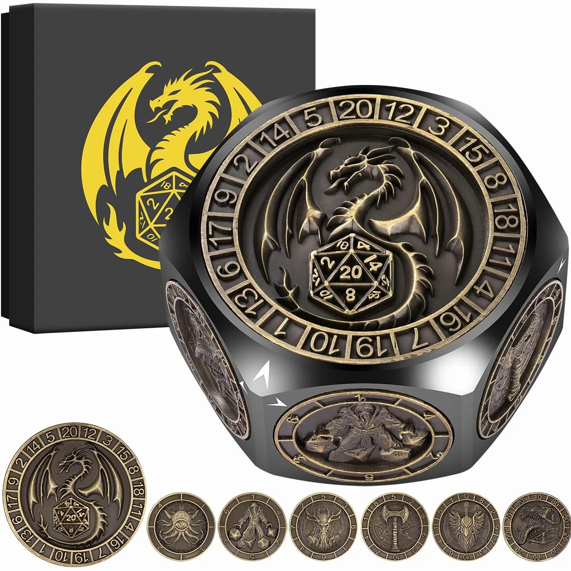 Set di Dadi Rotanti DND, 8 Facce Spinner Dadi in Metallo, Design a Rilievo 3D, Dadi Poliedrici Girevoli, Regalo D&D con Scatola Logo Drago, MTG, Giochi da Tavolo, Accessori per Giochi di Ruolo, Nero