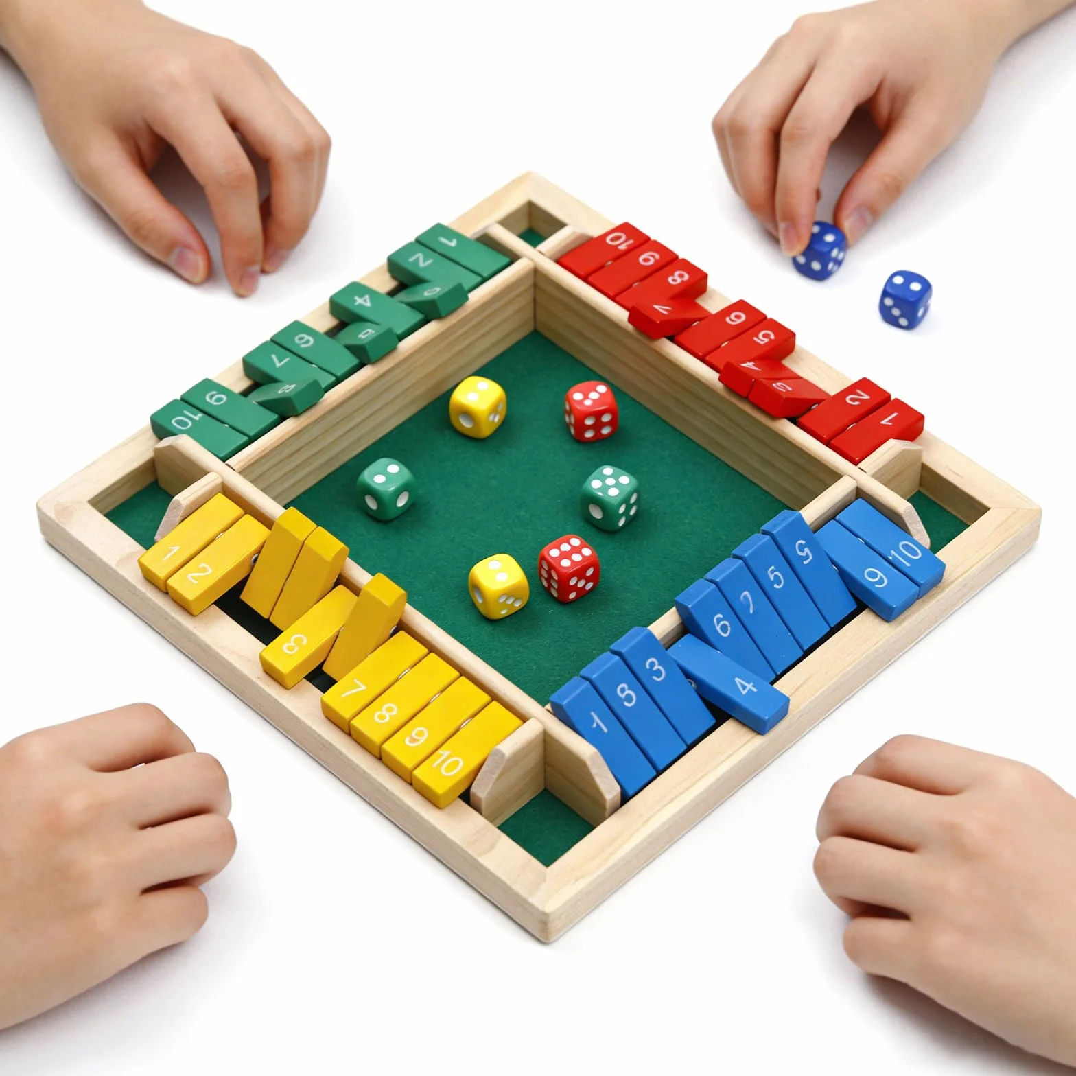 Flero Shut The Box - Gioco a dadi per 4 giocatori in legno - Gioco di tattica e calcolo (Multicolore) - Gioco da tavolo, giocattolo educativo, gioco didattico per bambini e adulti - 8 dadi