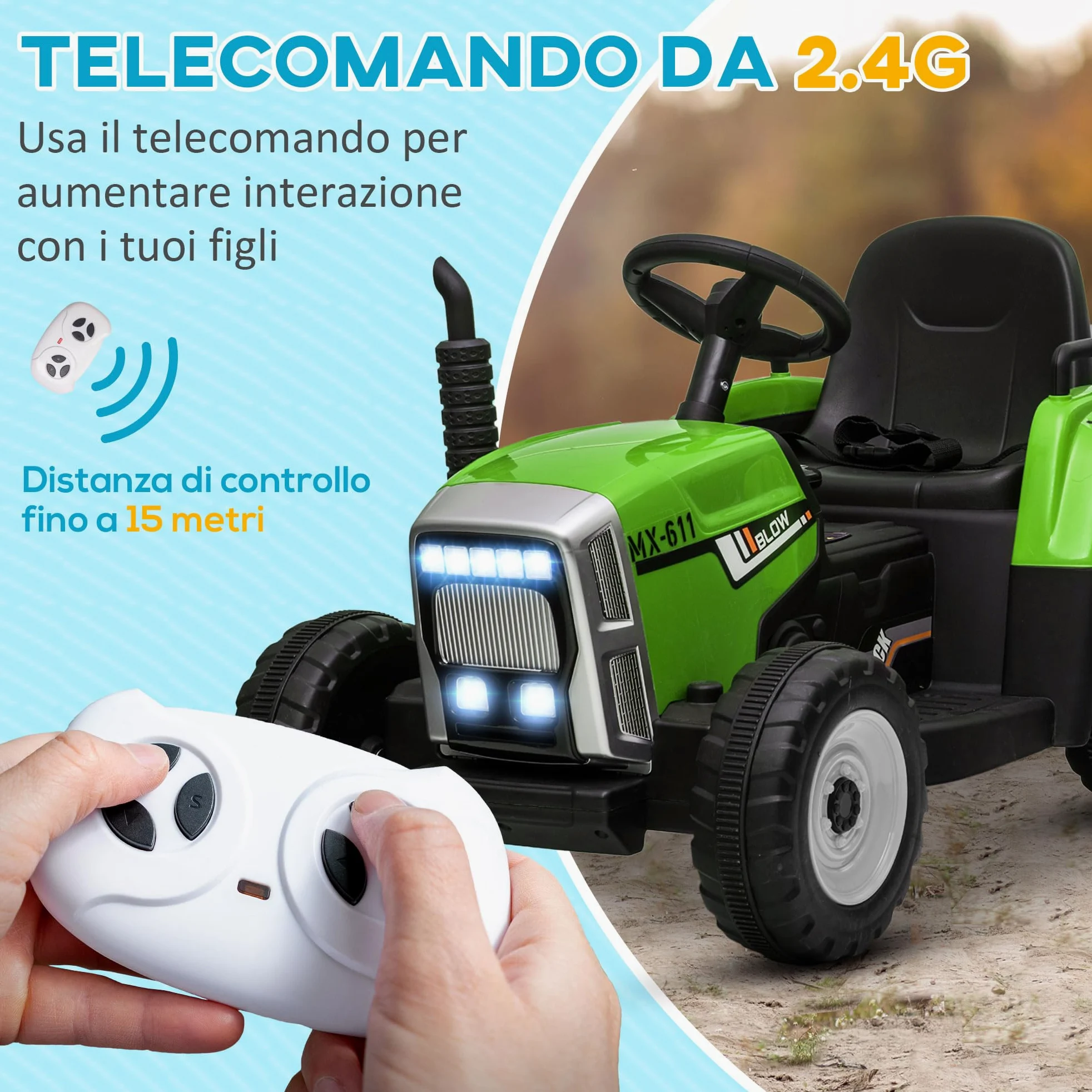 HOMCOM Trattore Elettrico per Bambini Rimorchio Rimovibile 3-6 Anni Verde | Batteria 12V Ricaricabile con Telecomando, Porta USB, Musica Preinstallata e Luci
