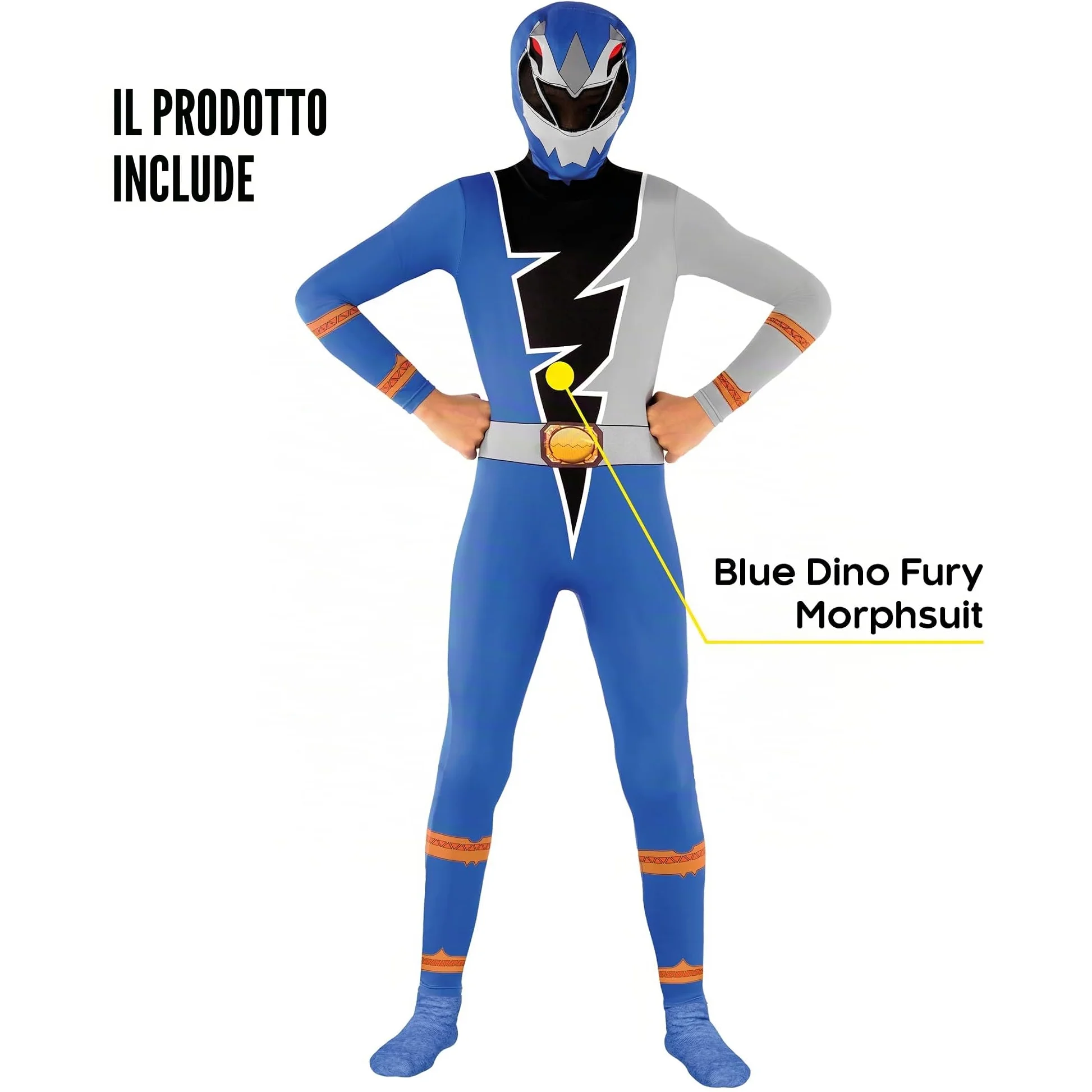 Morphsuits Costume Power Rangers Bambino, Tuta Halloween Bambino | Tuta Intera Blu Aderente, Design Blu Dino Fury, Chiusura con Zip, Perfetto per Halloween, Ideale per il Cosplay