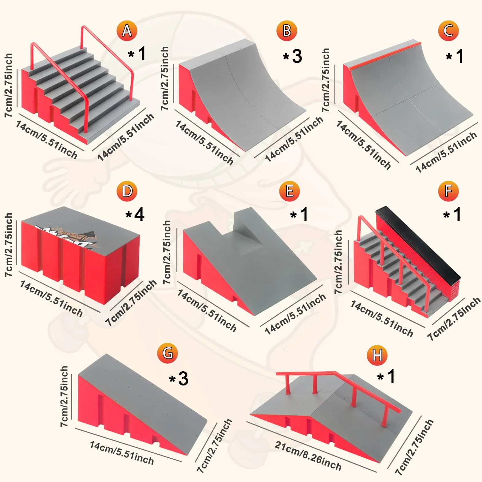 Tlater Finger Skateboard Park Kits, 14 in 1 Bigger Finger Skateboard Ramp Set fai da te Fingerboard Skatepark per bambini, regalo di compleanno (rosso)