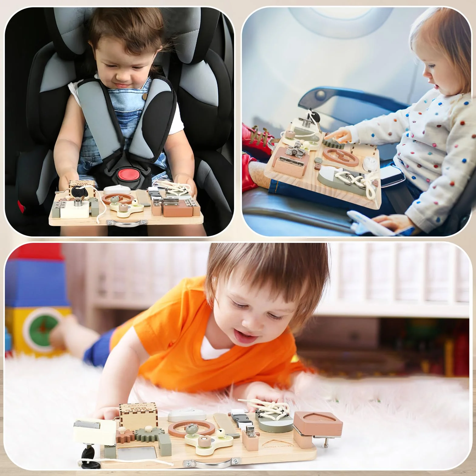 Joyreal Pannello Sensoriale Montessori Legno Busy Board con Carillon Specchio Neonati Giochi Educativi