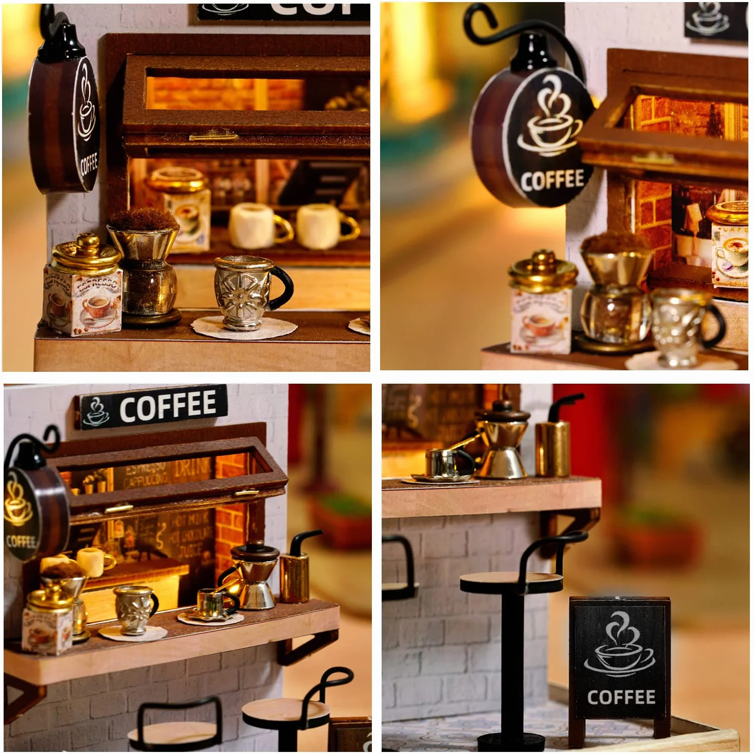 CUTEROOM Miniatura casa delle Bambole con mobili,Fai da Te in Miniatura Casa delle Bambole Kit,Mini 3D Casa in Legno con Luci A LED - Regalo di Compleanno di Natale (Coffee)
