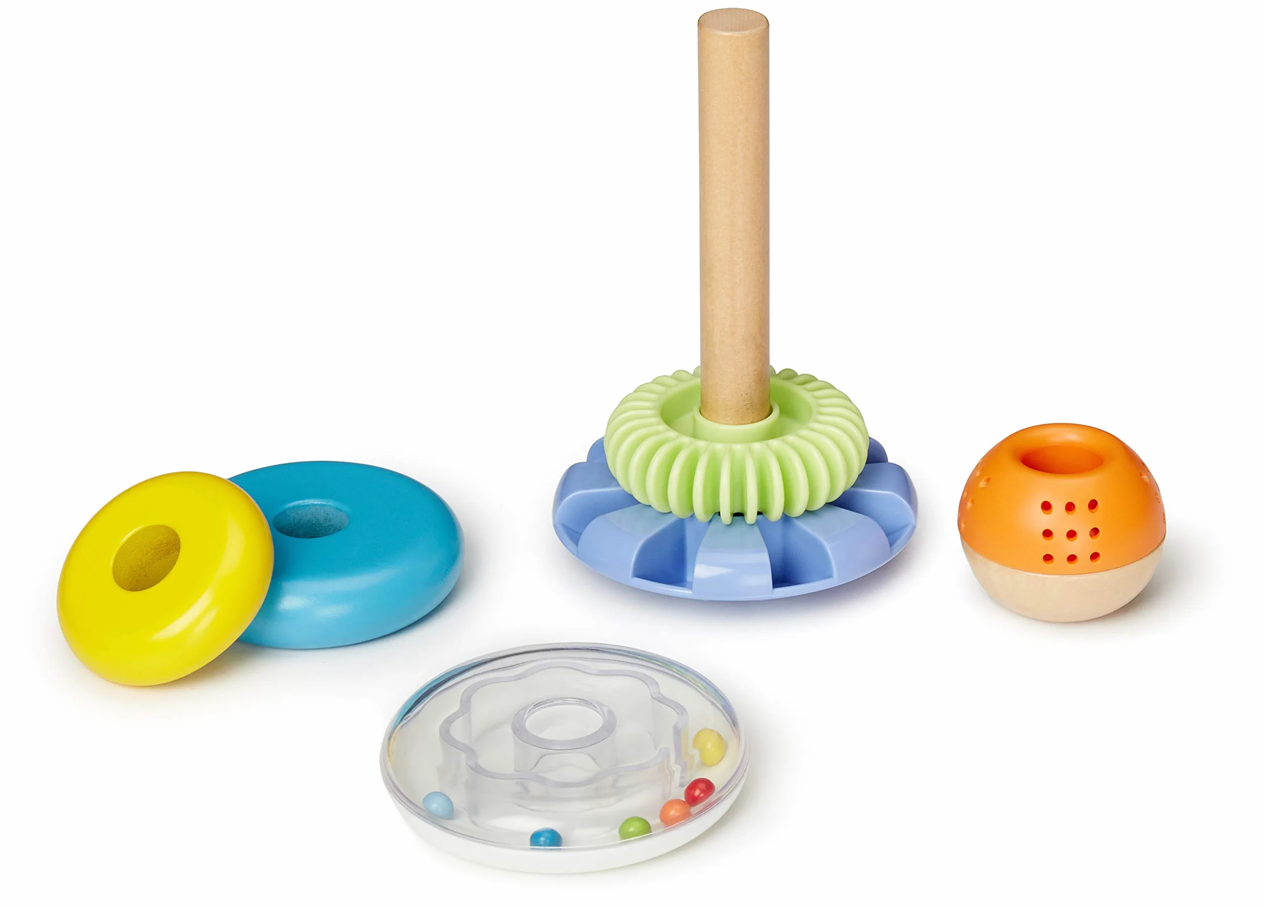 Amazon Basics Bebè Set di giocattoli classici in legno con scatola delle forme e torre con anelli impilabili in vari colori, Medio
